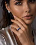 Sapphire Blue Baguette Eternity Band worn on finger