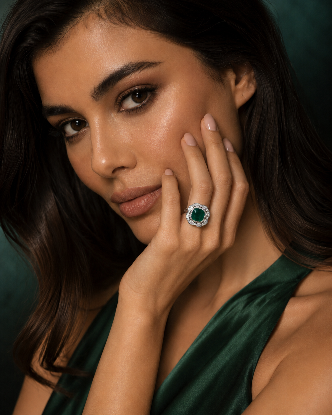 Silver Double Halo Emerald Green Cushion Ring worn on finger