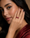 Gold Ruby Red Enamel & Pavé Crystal Wide Band Ring worn on finger