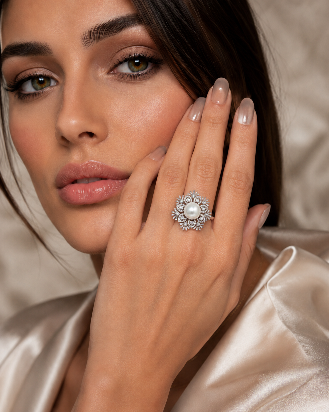 Silver Sunburst Floral Ring with Freshwater Pearl worn on finger