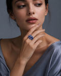 Gold Navy Blue Baguette Multi-Strand Dome Ring worn on finger