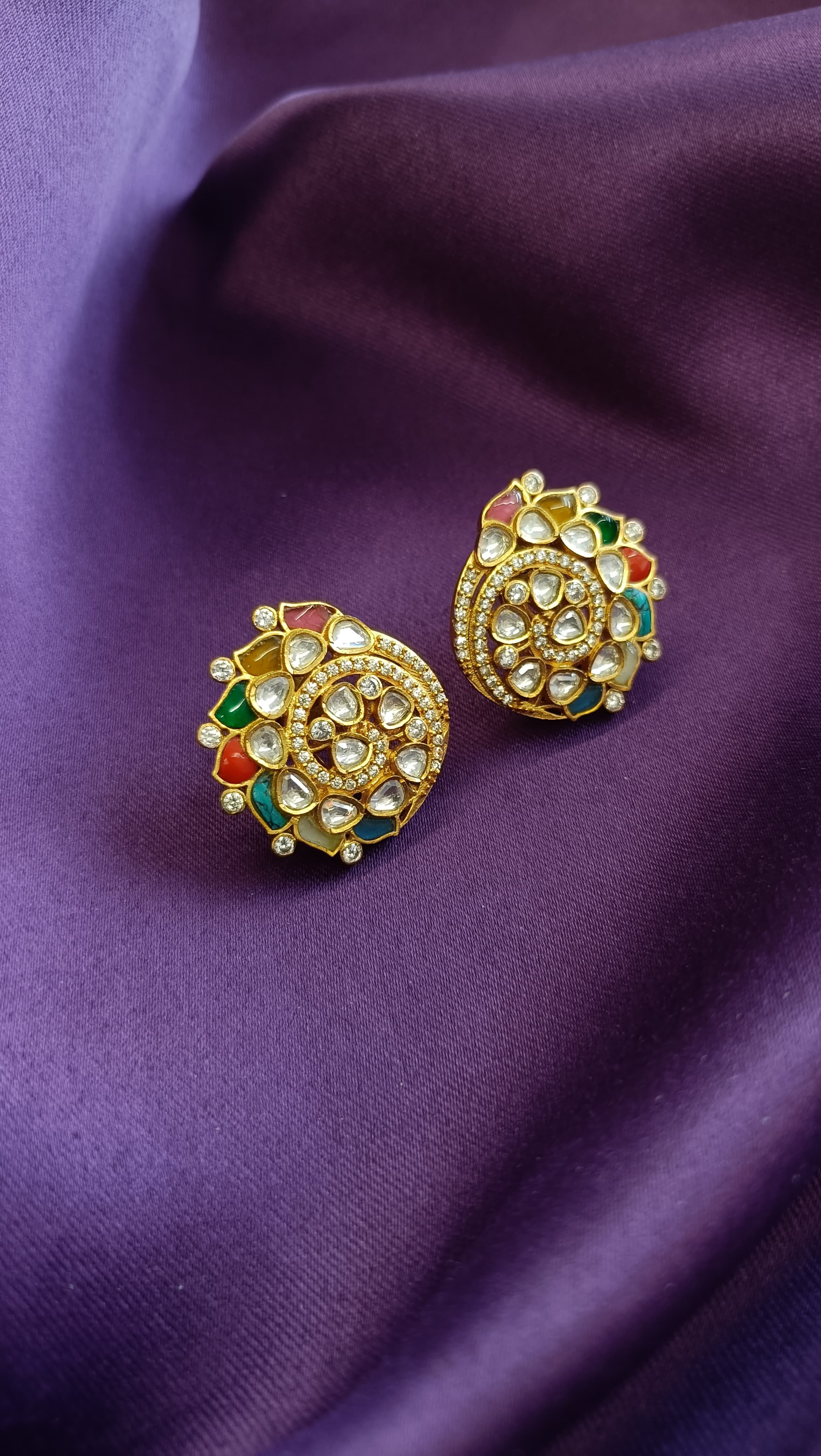 Navratna Kundan Multicolour Floral Stud Earrings