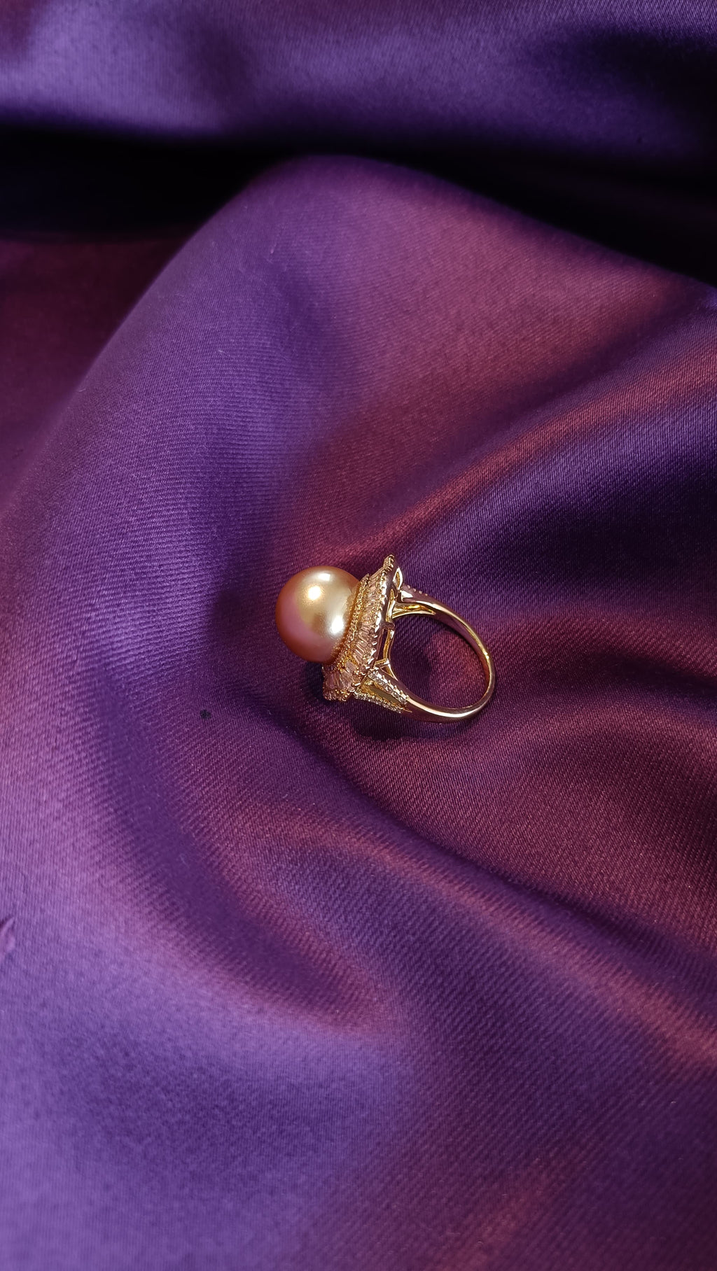 Golden Pearl Baguette Halo Cocktail Ring