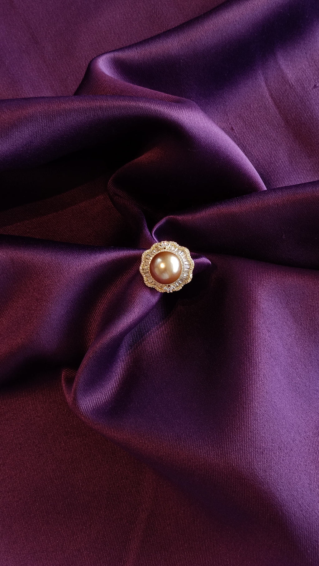 Golden Pearl Baguette Halo Cocktail Ring