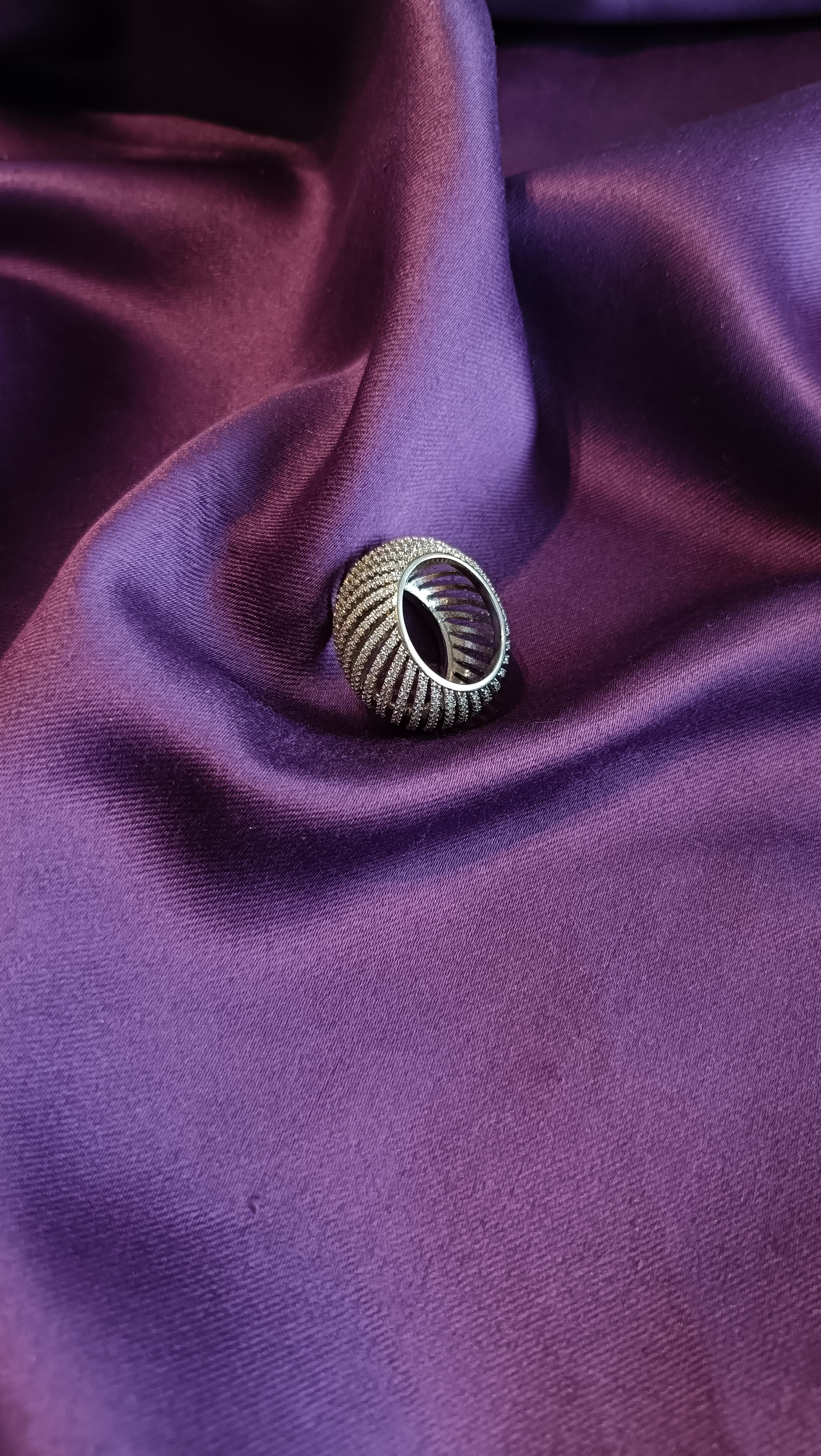 Silver Ribbed Dome Pavé Cocktail Ring top view on purple fabric