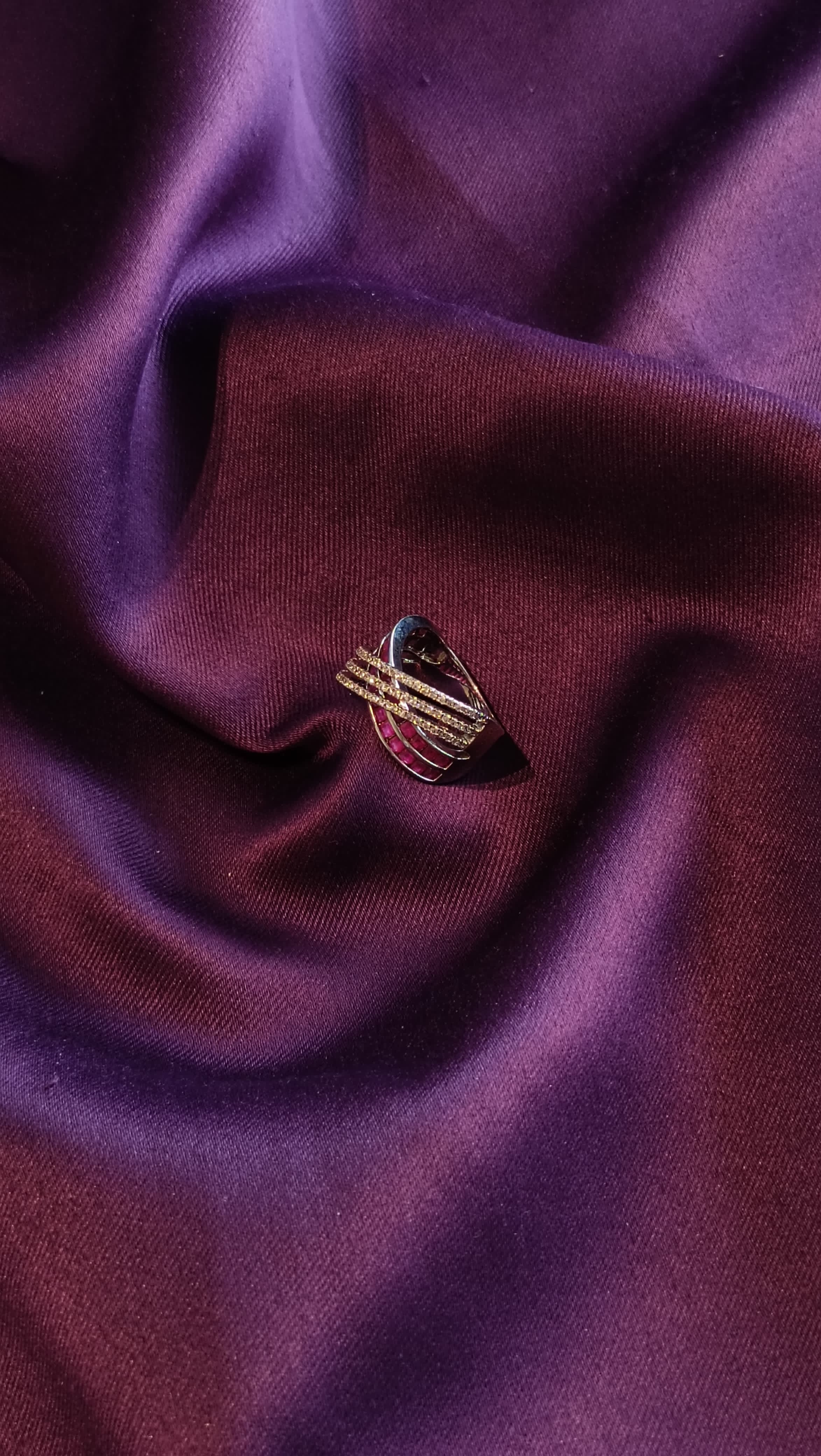 Gold Ruby Red Multi-Strand Crossover Ring top view on purple fabric