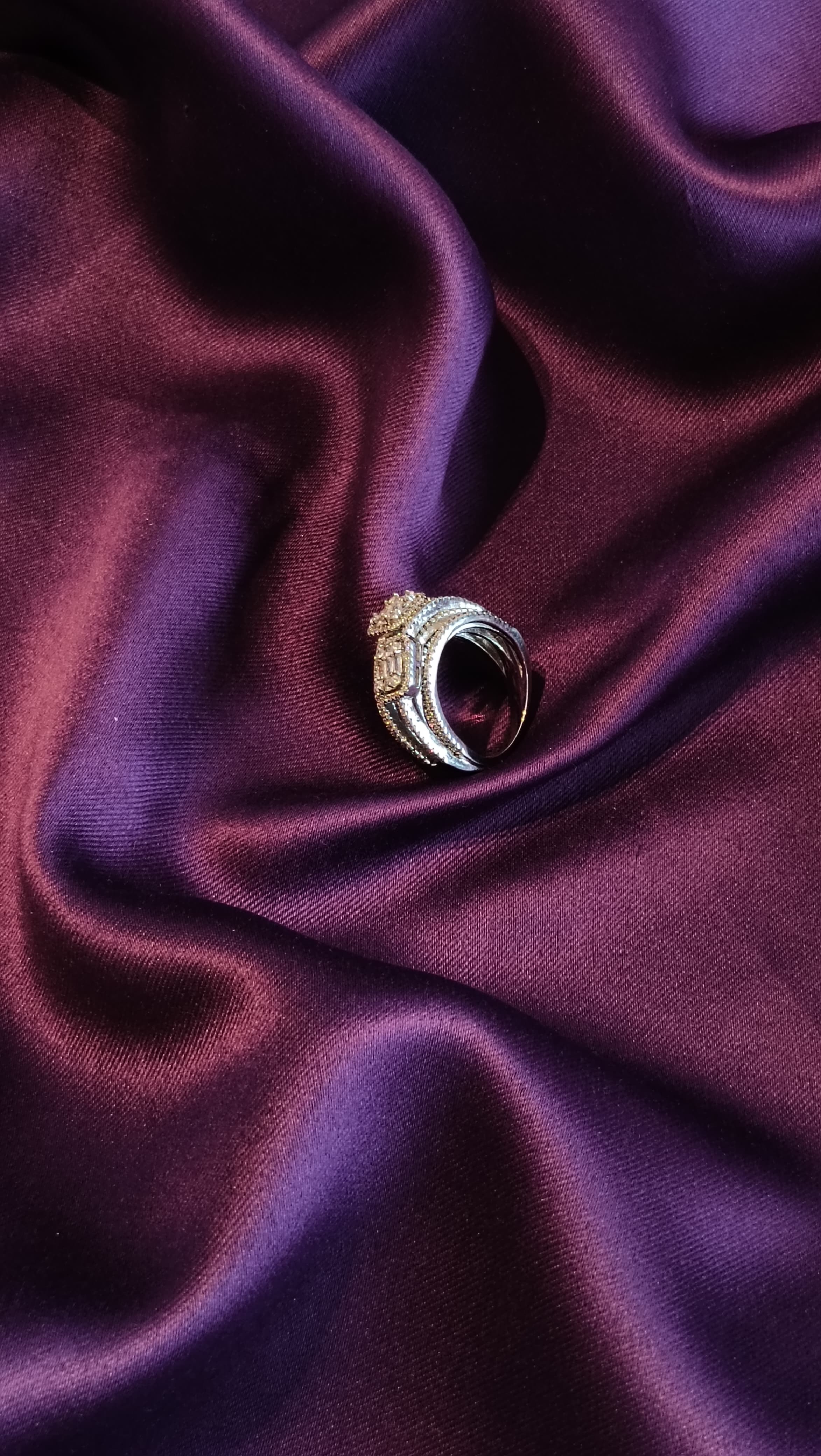 Gold Multi-Strand Cushion Halo Ring side view on purple fabric