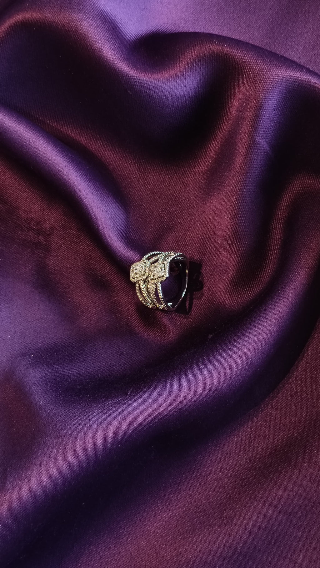Gold Double Cushion Halo Cocktail Ring side view on purple fabric