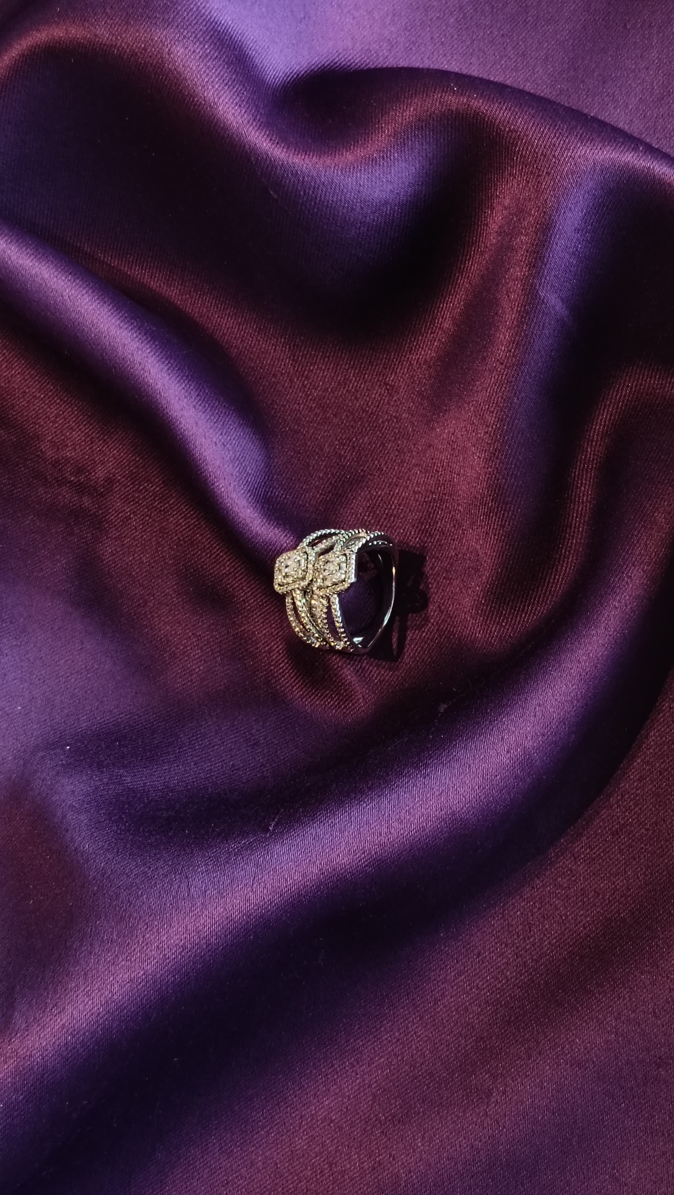 Gold Double Cushion Halo Cocktail Ring side view on purple fabric