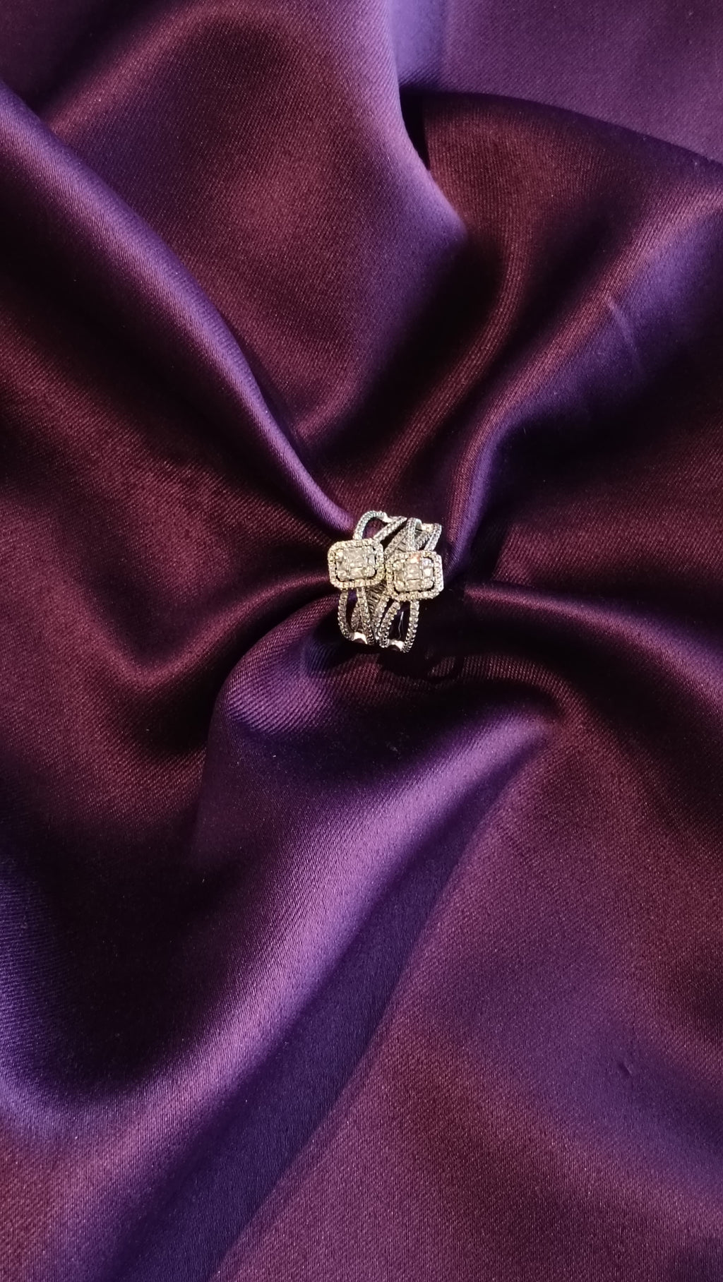 Gold Double Cushion Halo Cocktail Ring top view on purple fabric