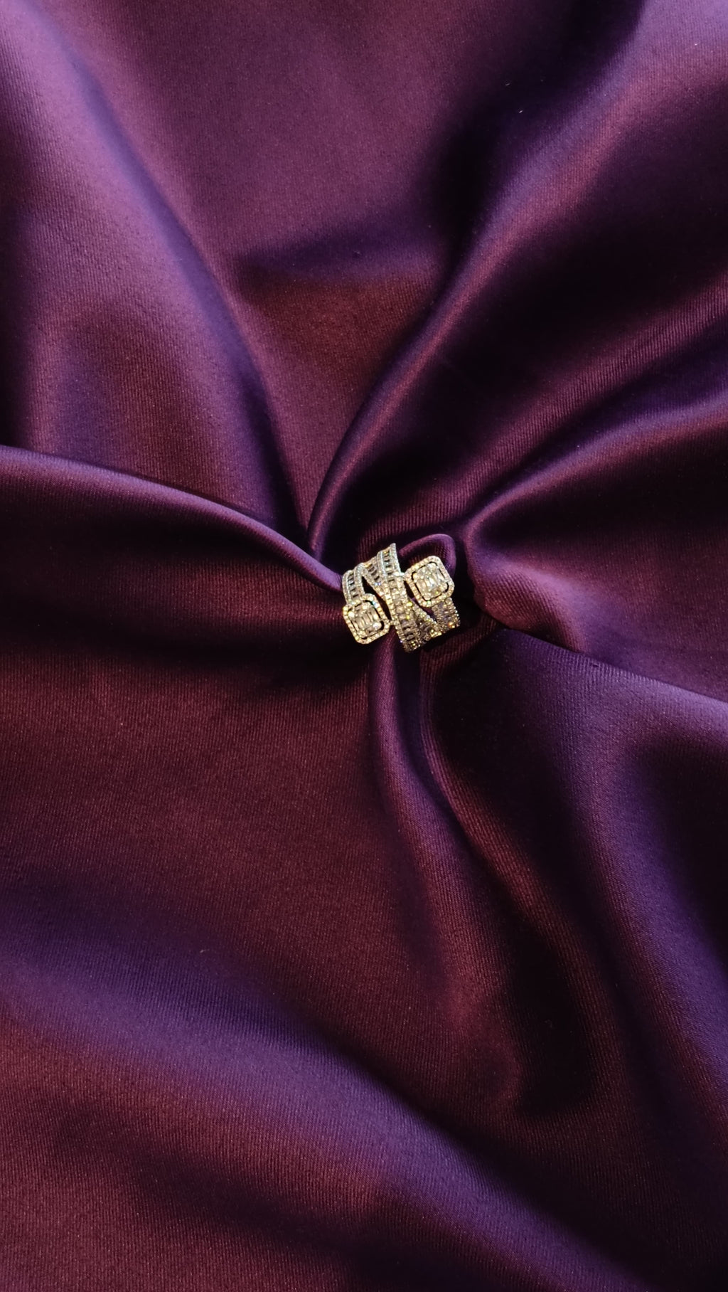 Silver Double Cushion Halo Ring with Woven Pavé Band top view on purple fabric