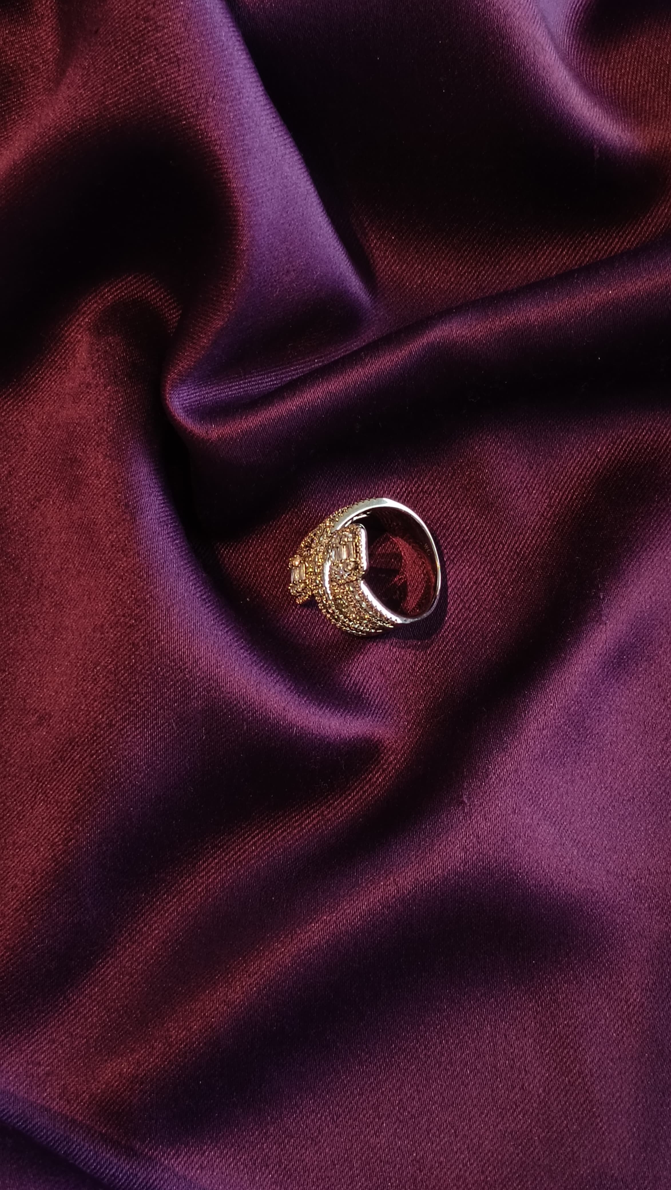 Silver Double Cushion Halo Ring with Woven Pavé Band side view on purple fabric
