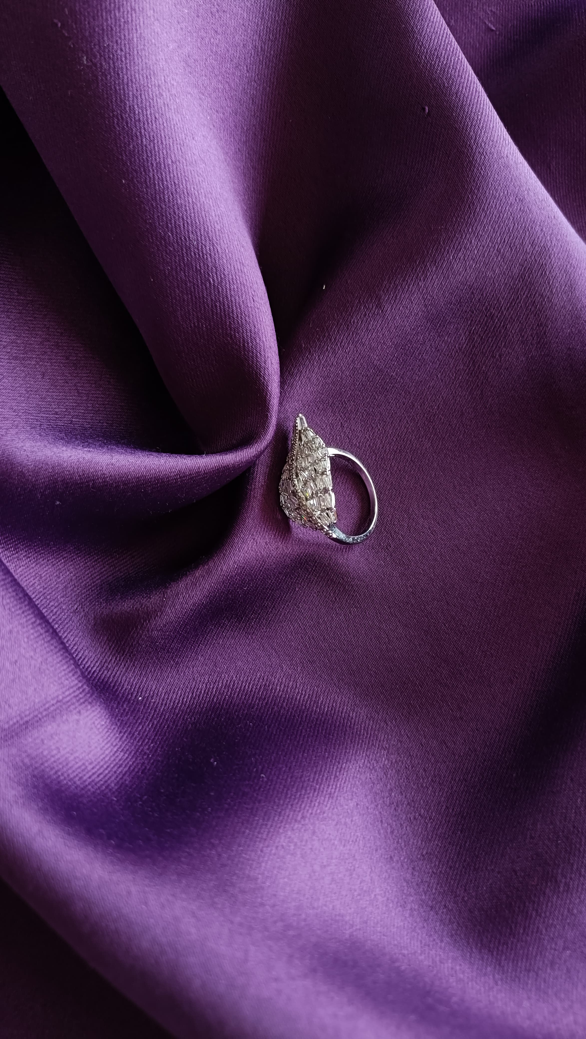 Crystal Leaf Cocktail Ring on purple fabric side view