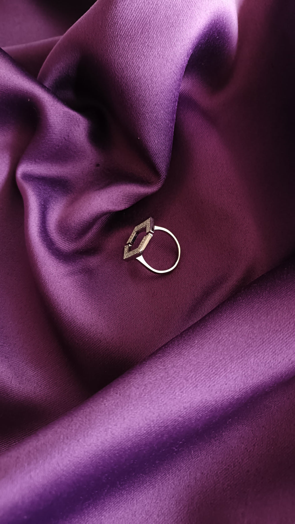 Gold Open Hexagon Pavé Ring side view on purple fabric