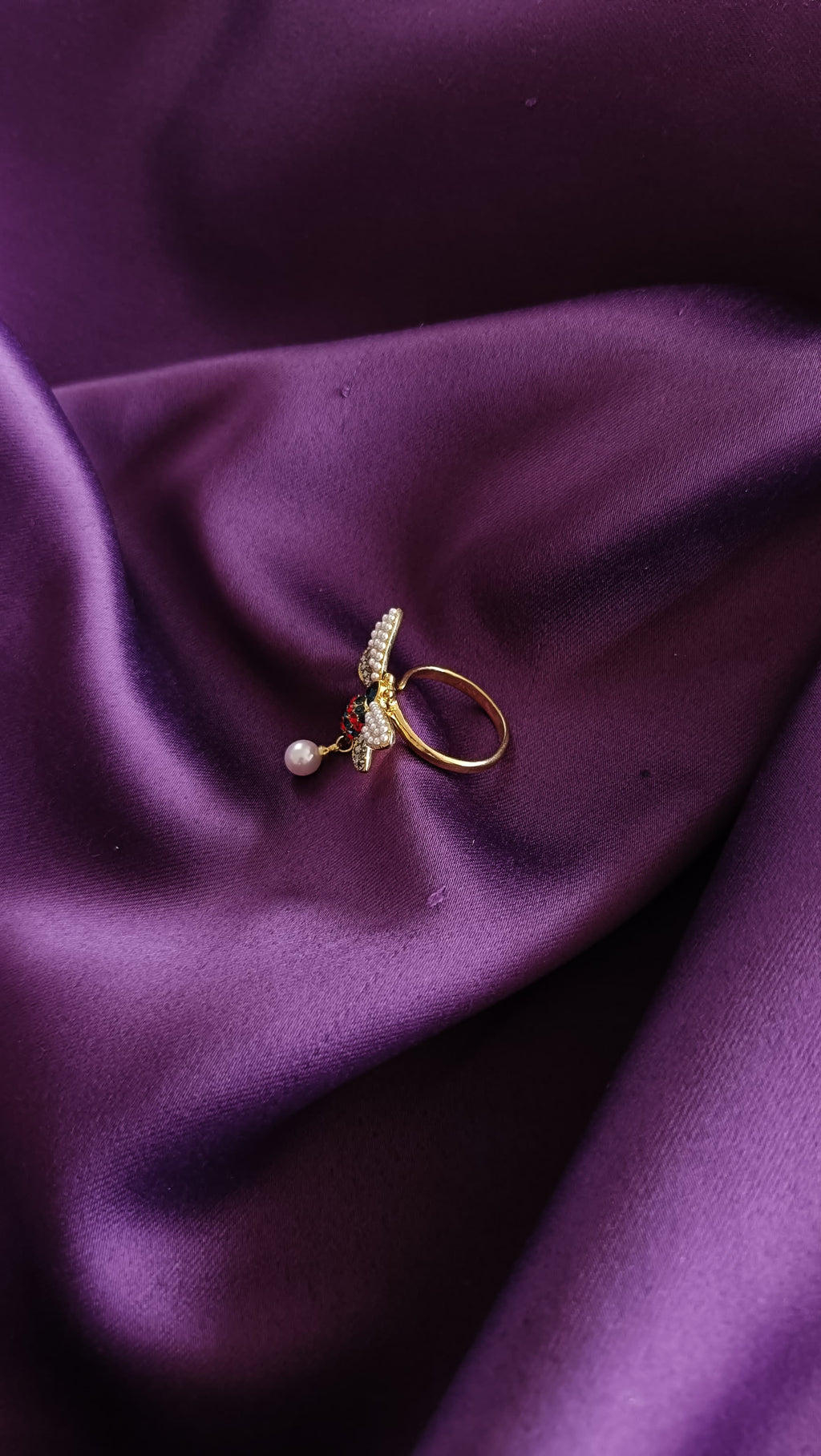 Pearl Bee Ring with Ruby Heart & Drop