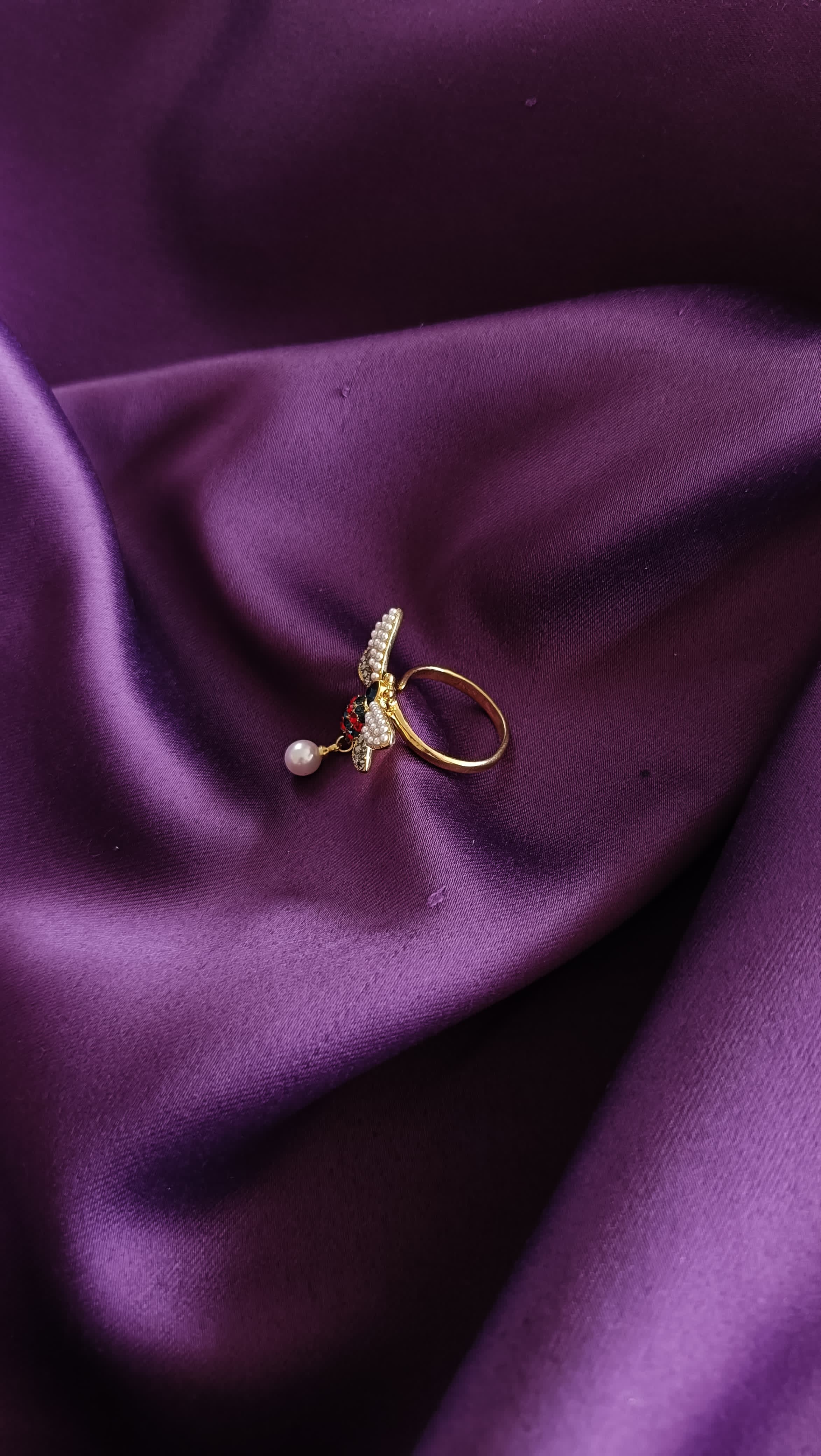 Pearl Bee Ring with Ruby Heart & Drop