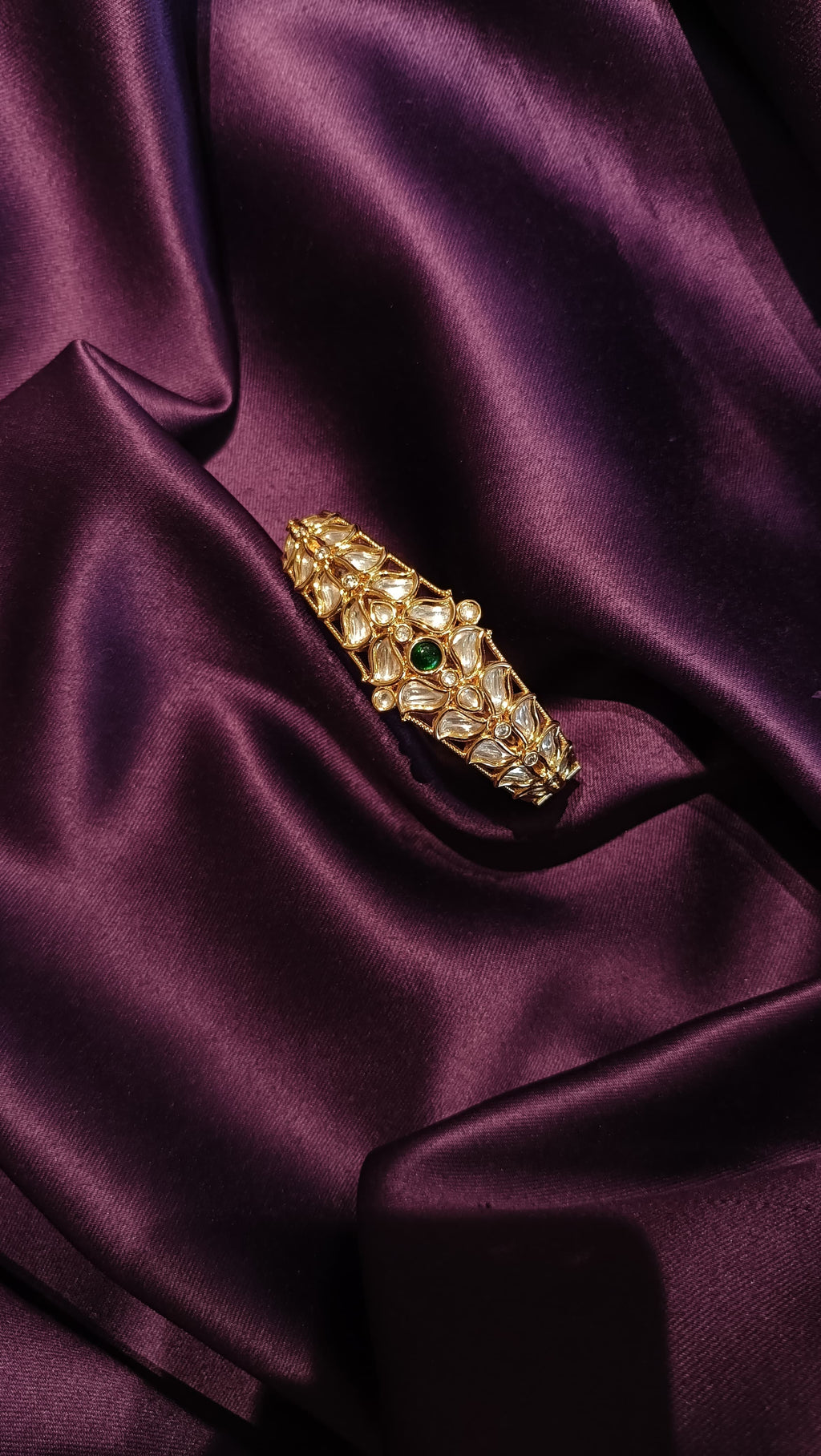 Emerald Centre Polki Floral Cuff Bangle