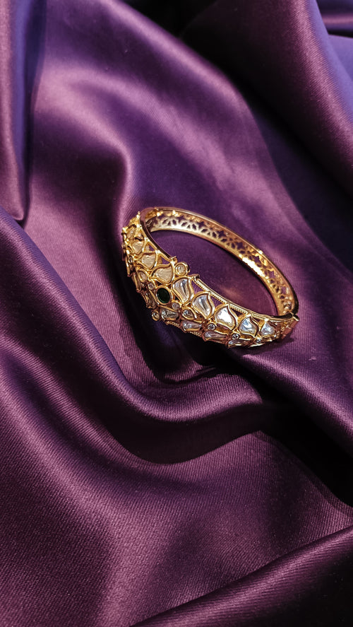 Emerald Centre Polki Floral Cuff Bangle