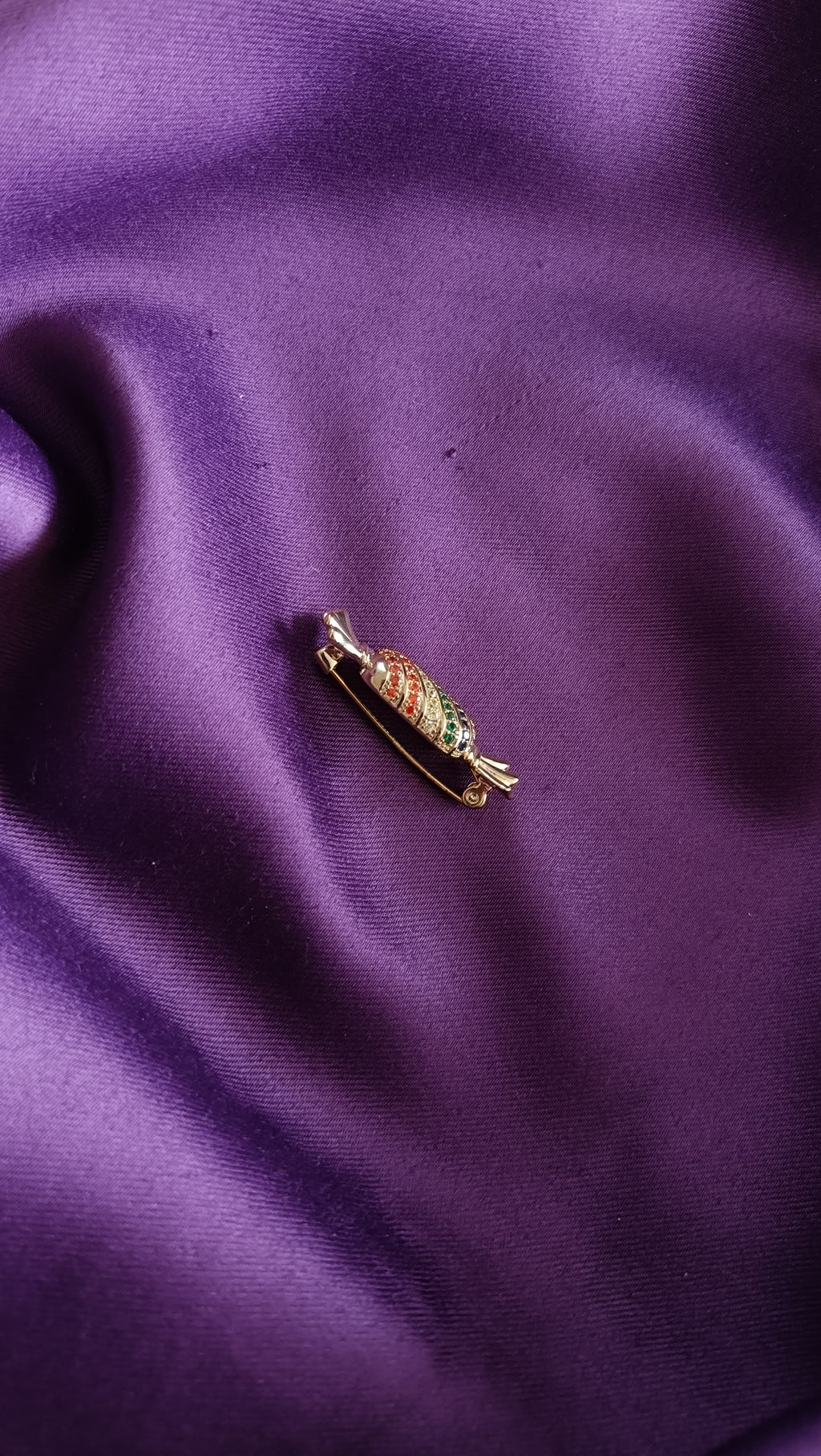 Gold Multicolour Pavé Candy Sweet Lapel Brooch Pin reverse side flat lay on purple fabric showing pin back closure