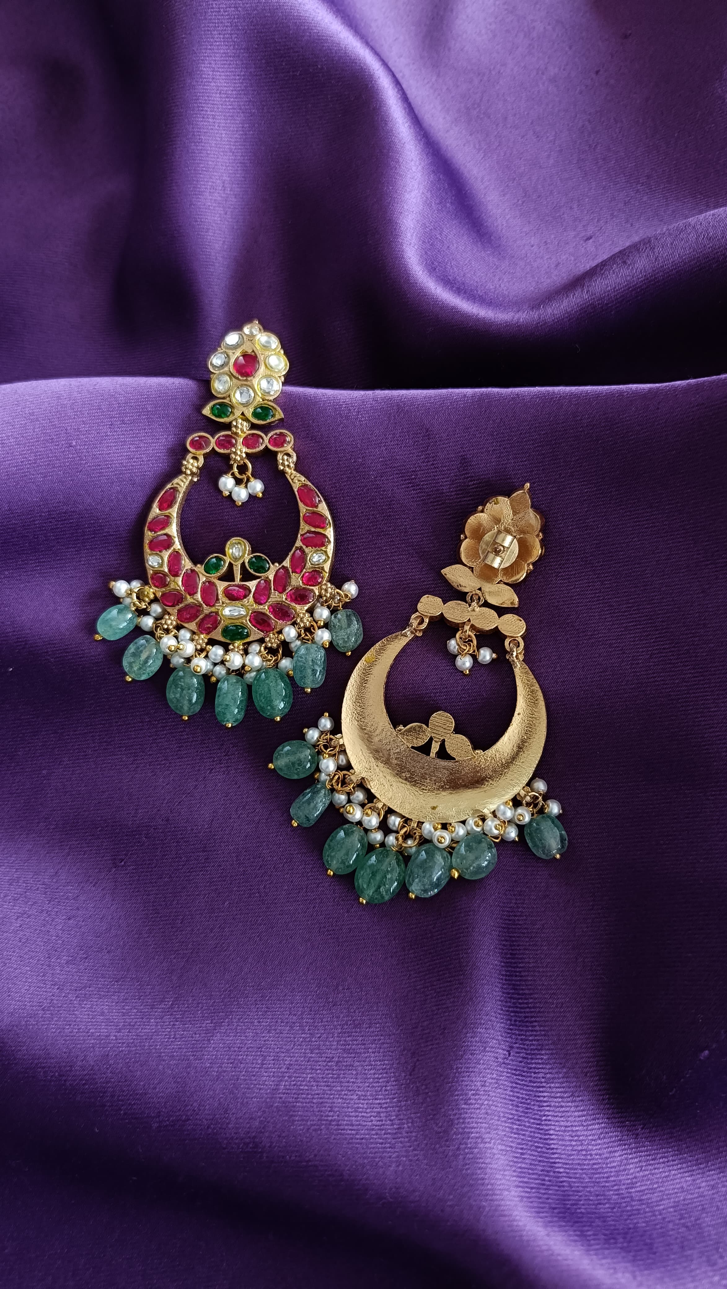 Ruby Emerald Kundan Chandbali with Jade Drops