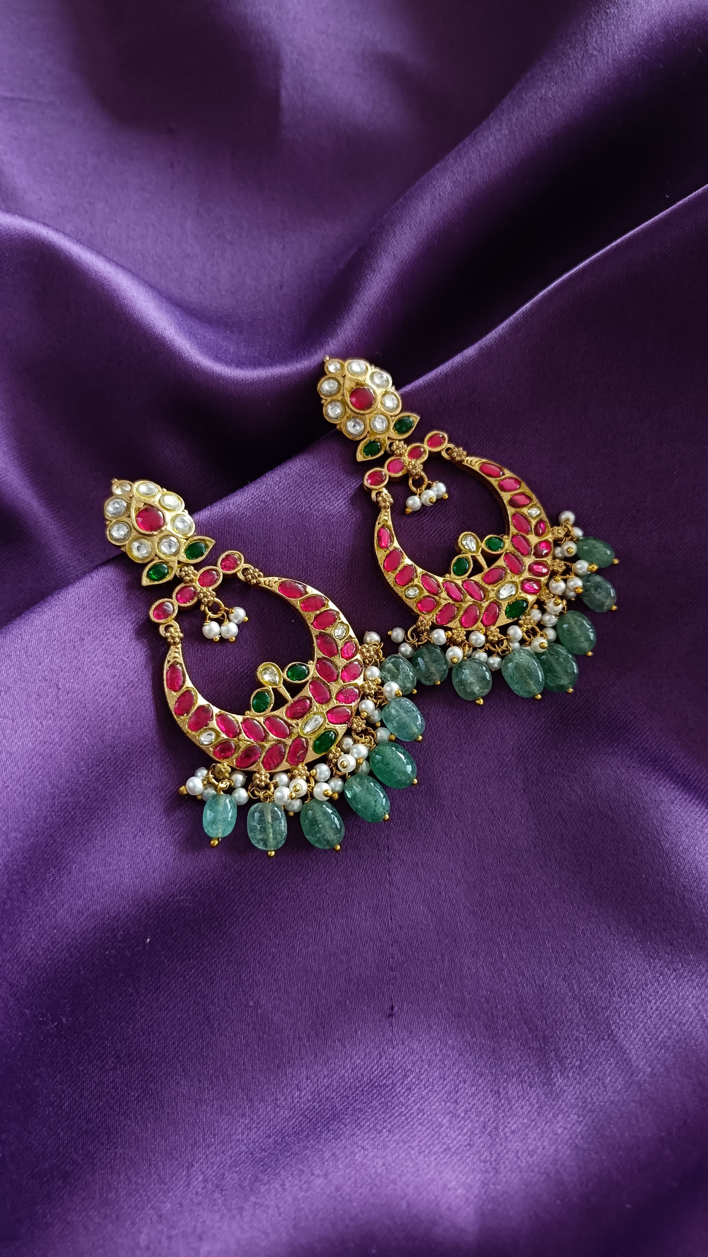 Ruby Emerald Kundan Chandbali with Jade Drops