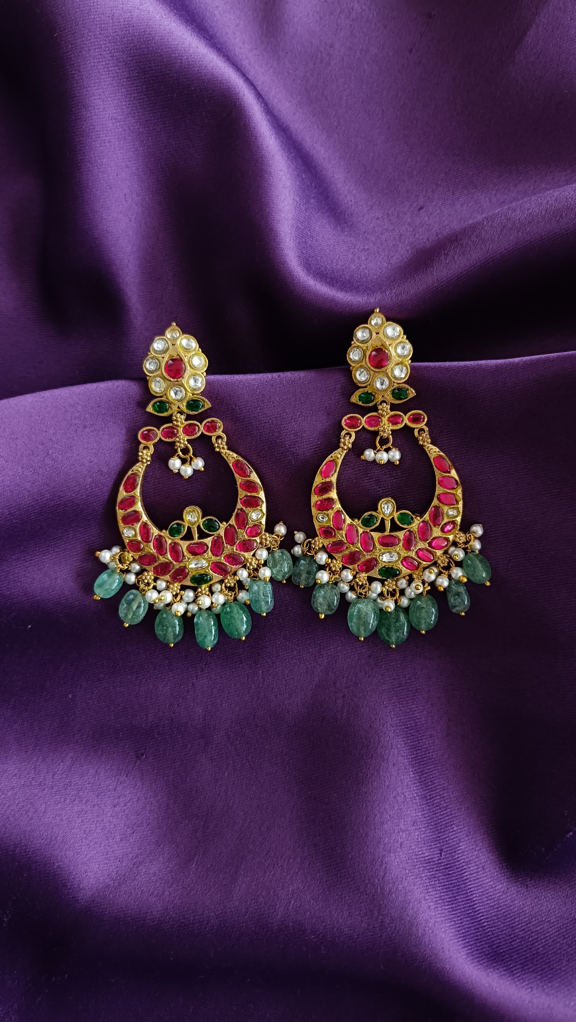 Ruby Emerald Kundan Chandbali with Jade Drops