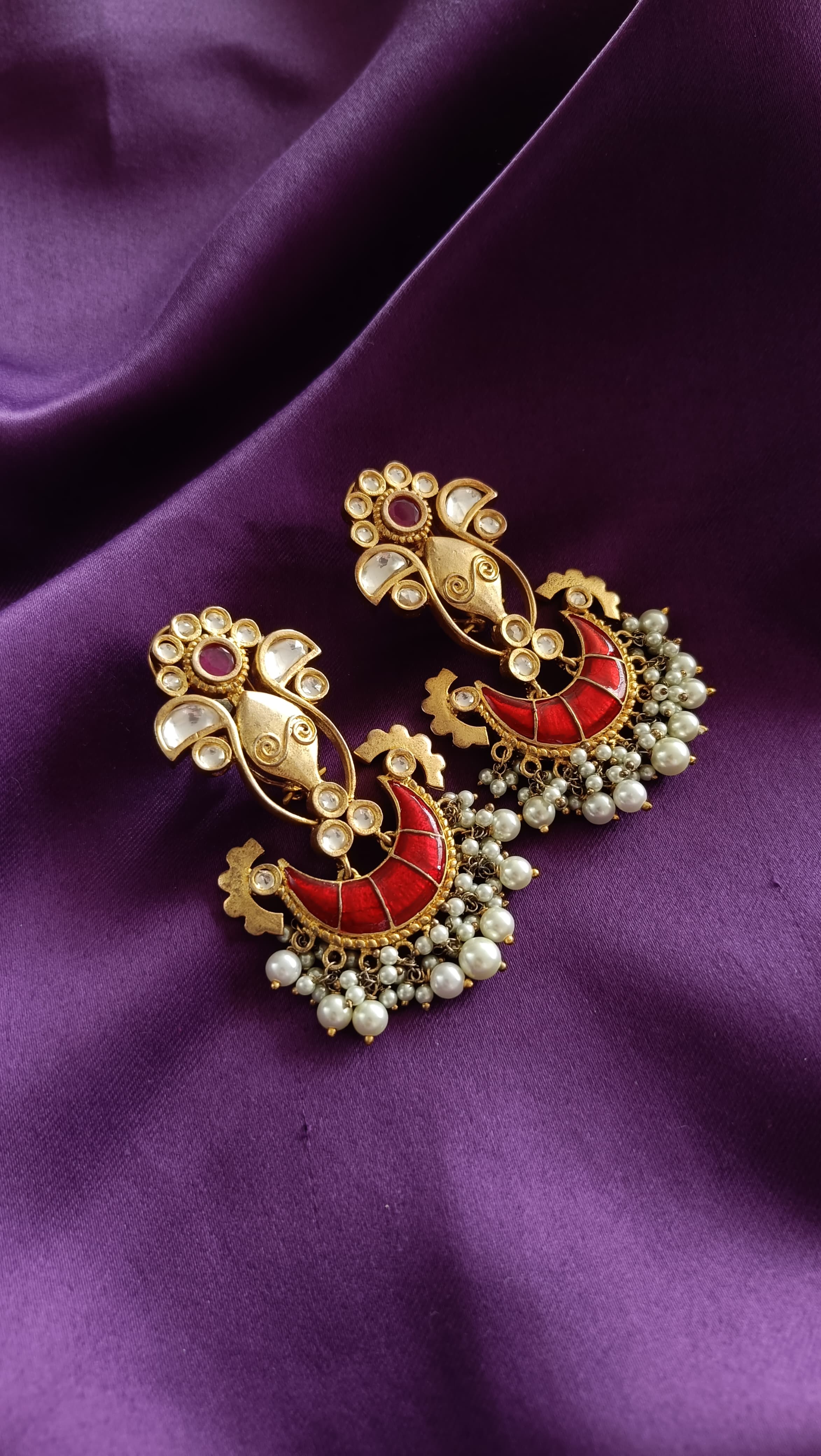 Ruby Kundan Chandbali Pearl Drop Earrings