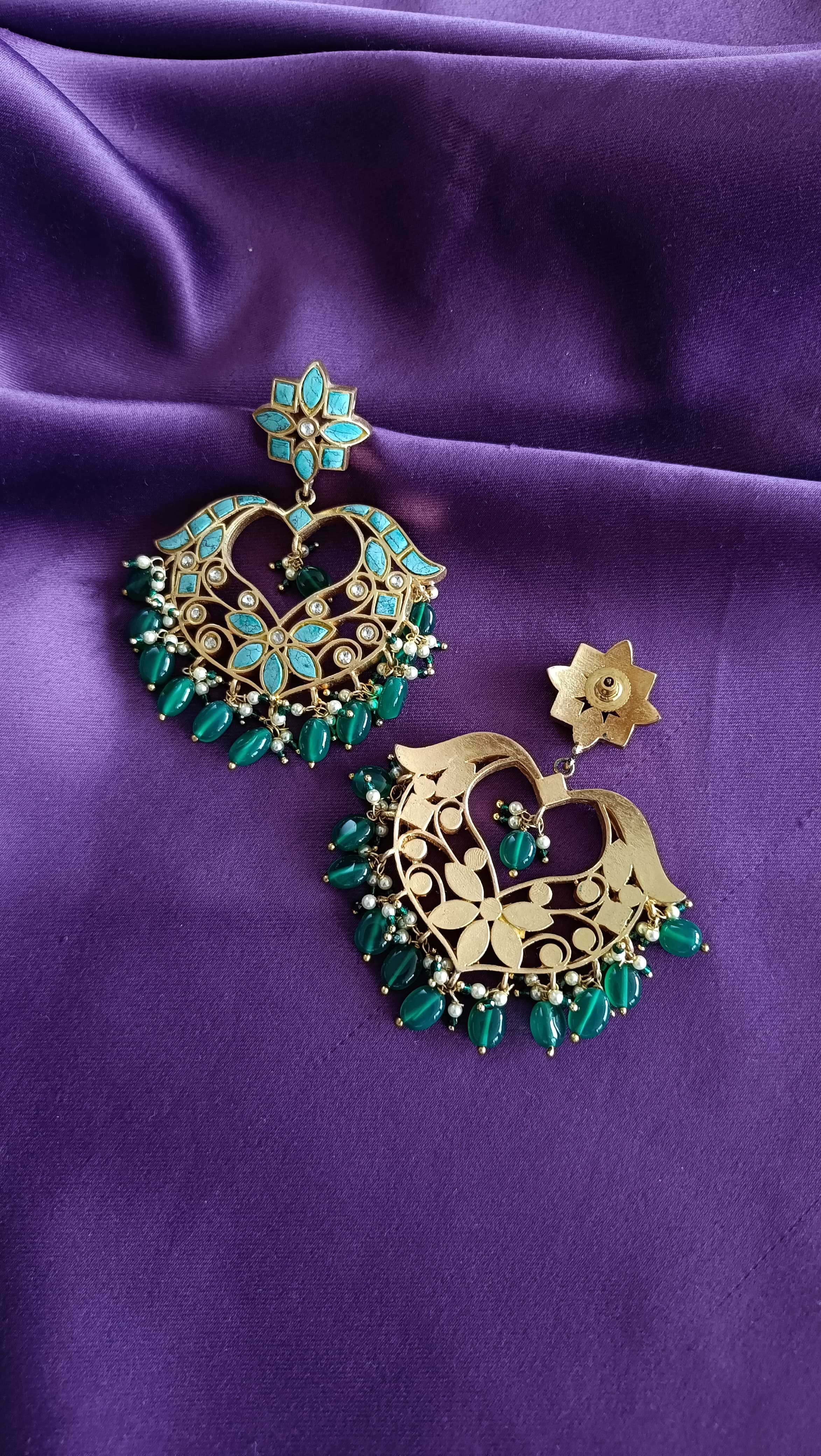 Turquoise Heart Chandbali with Emerald Drops