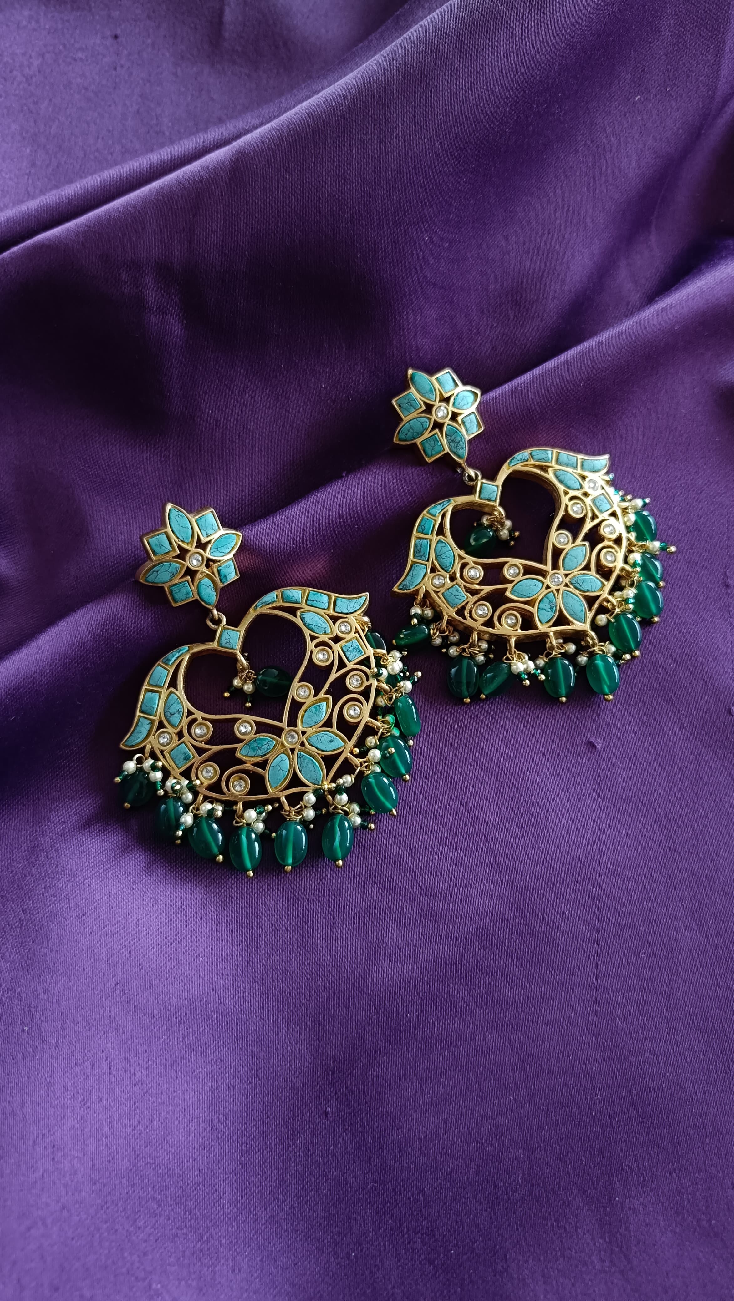 Turquoise Heart Chandbali with Emerald Drops