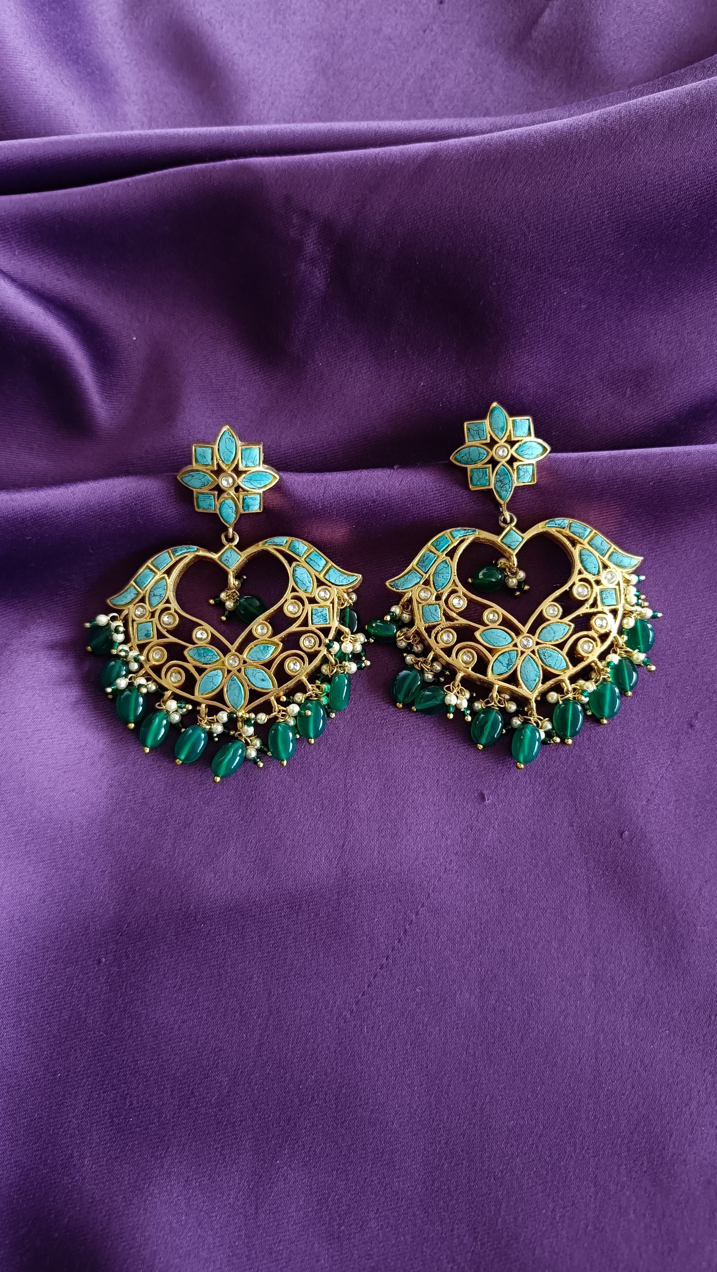 Turquoise Heart Chandbali with Emerald Drops