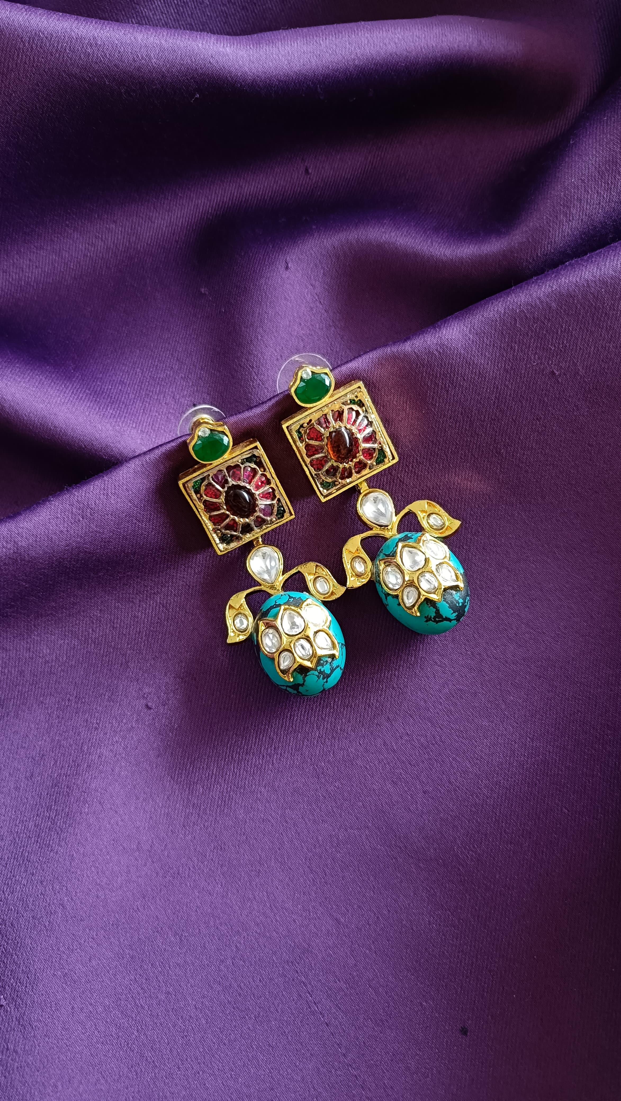 Ruby Mandala Teal Kundan Drop Earrings