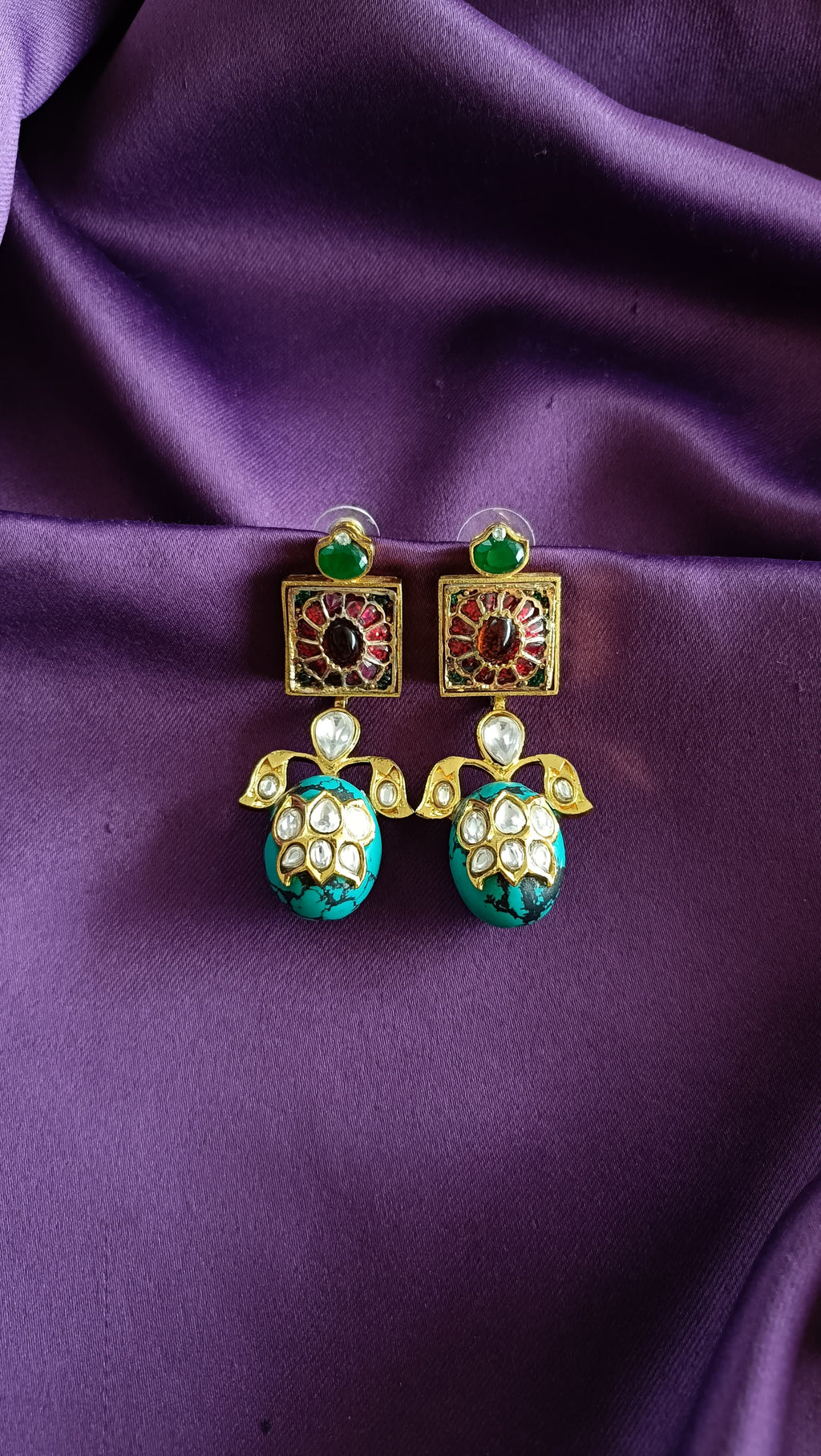 Ruby Mandala Teal Kundan Drop Earrings