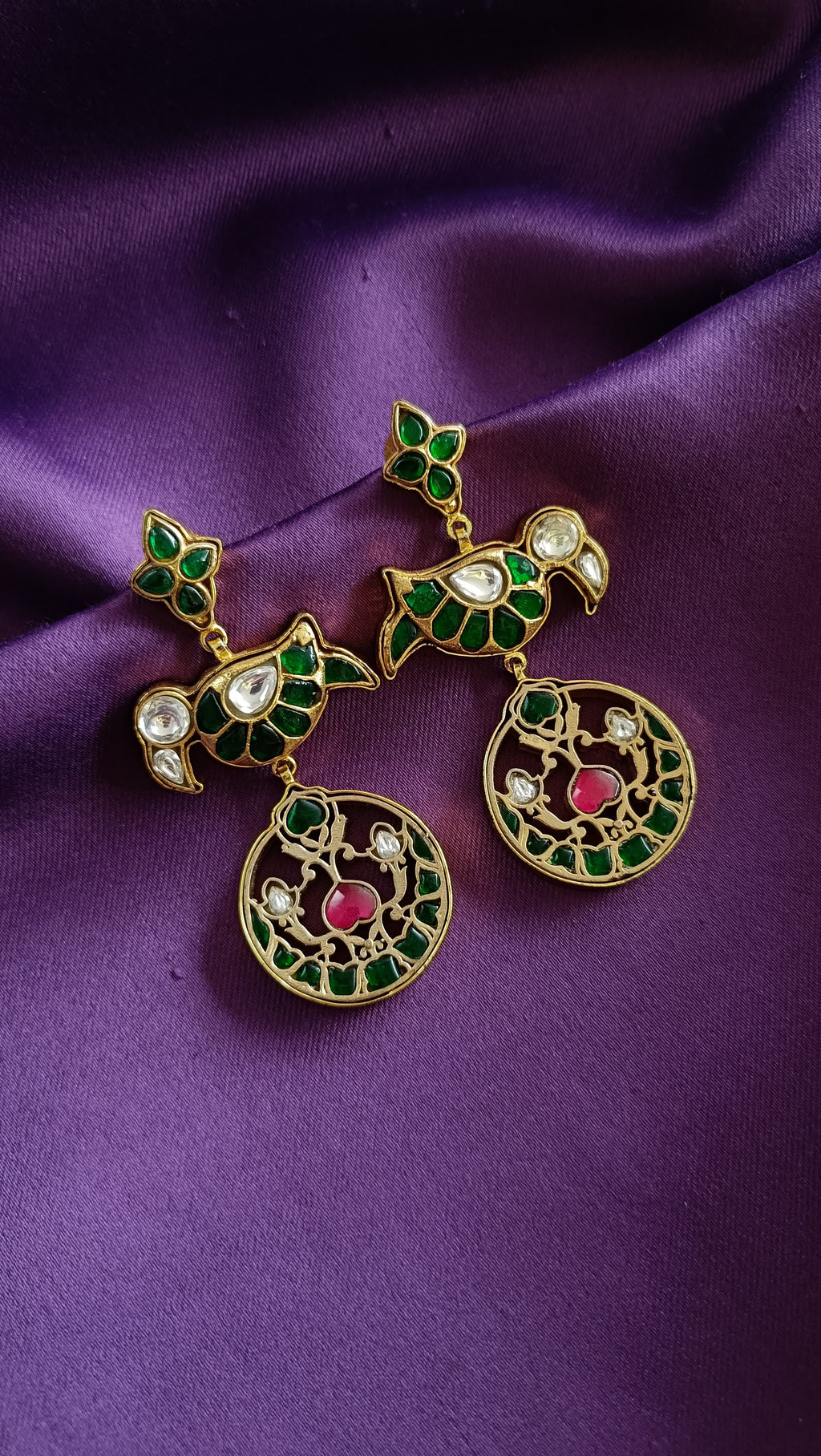 Emerald Peacock Kundan Chandelier Drop Earrings