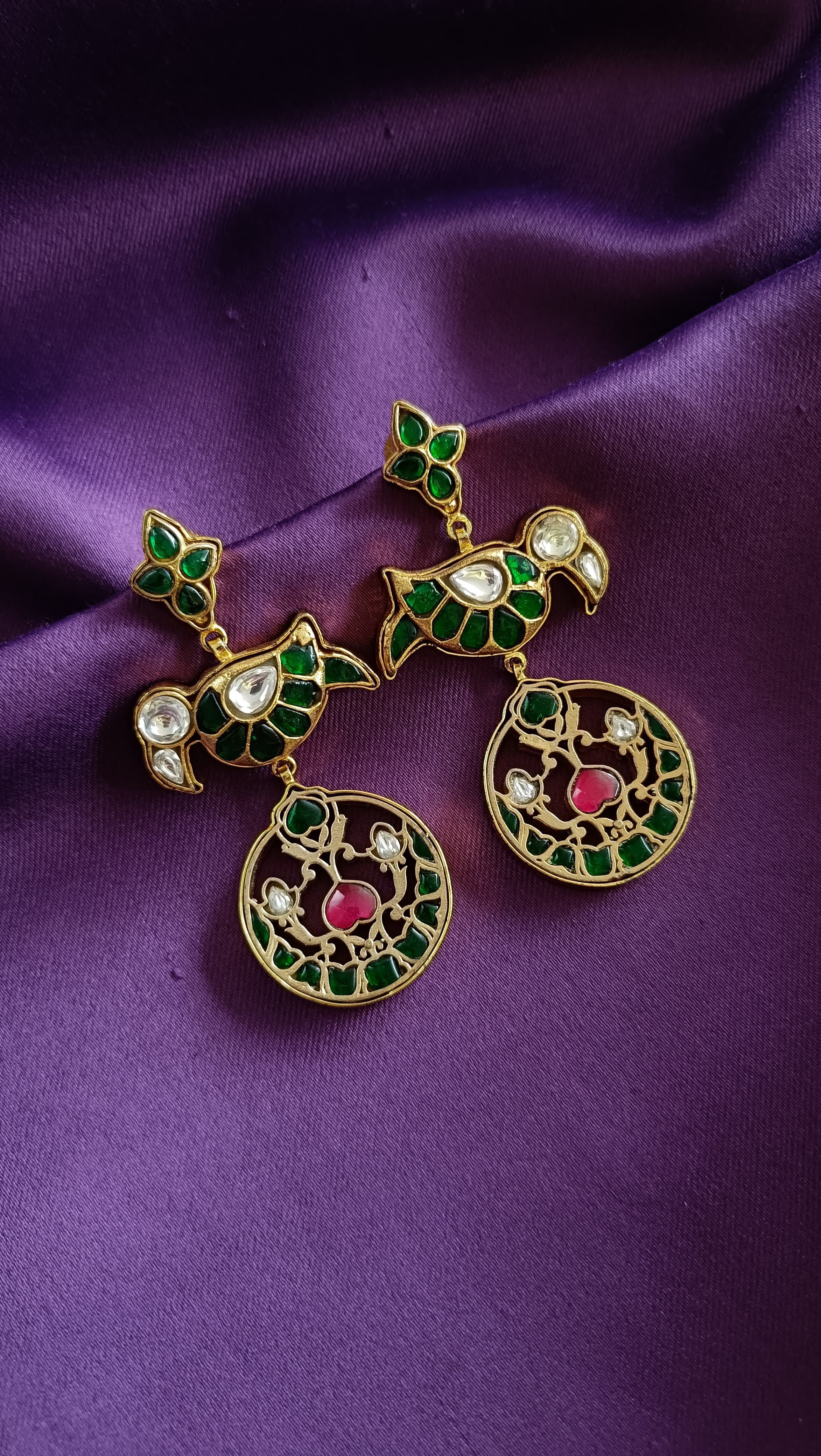 Emerald Peacock Kundan Chandelier Drop Earrings
