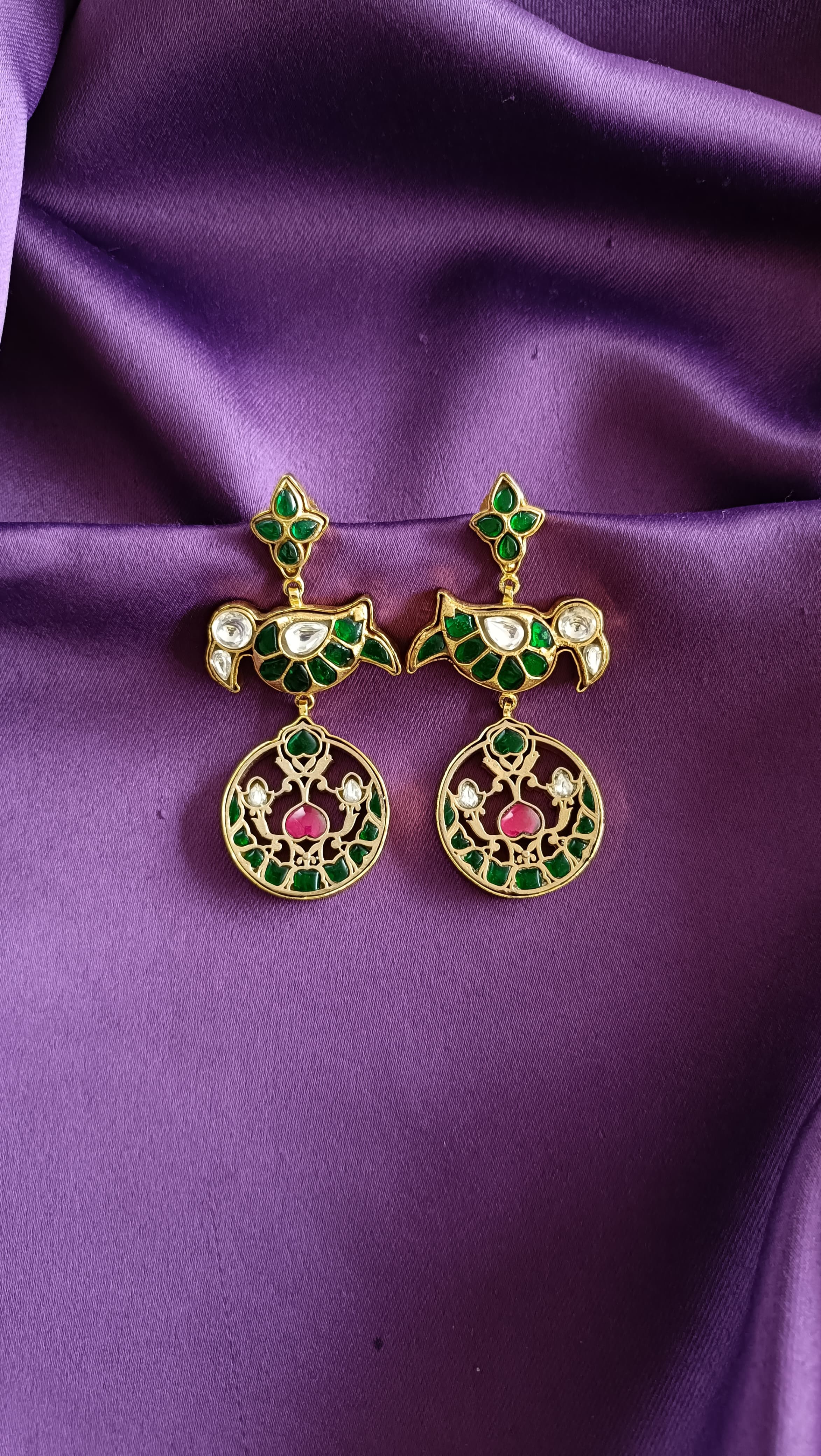 Emerald Peacock Kundan Chandelier Drop Earrings