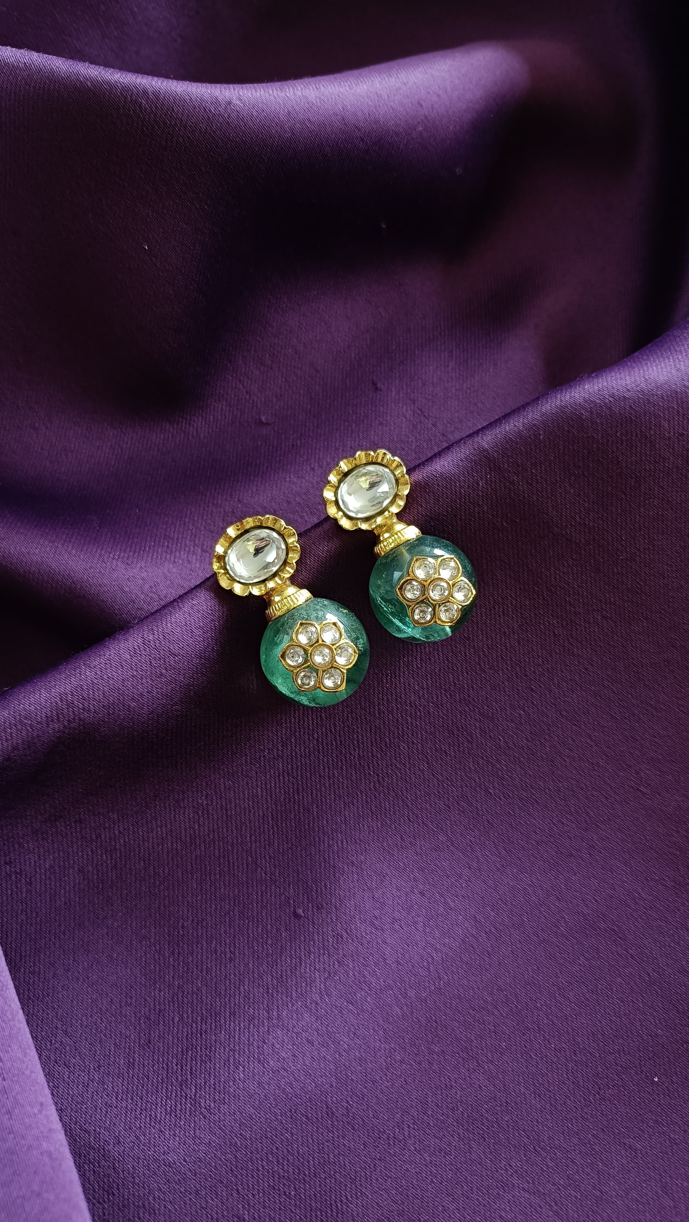 Teal Kundan Dome Drop Earrings