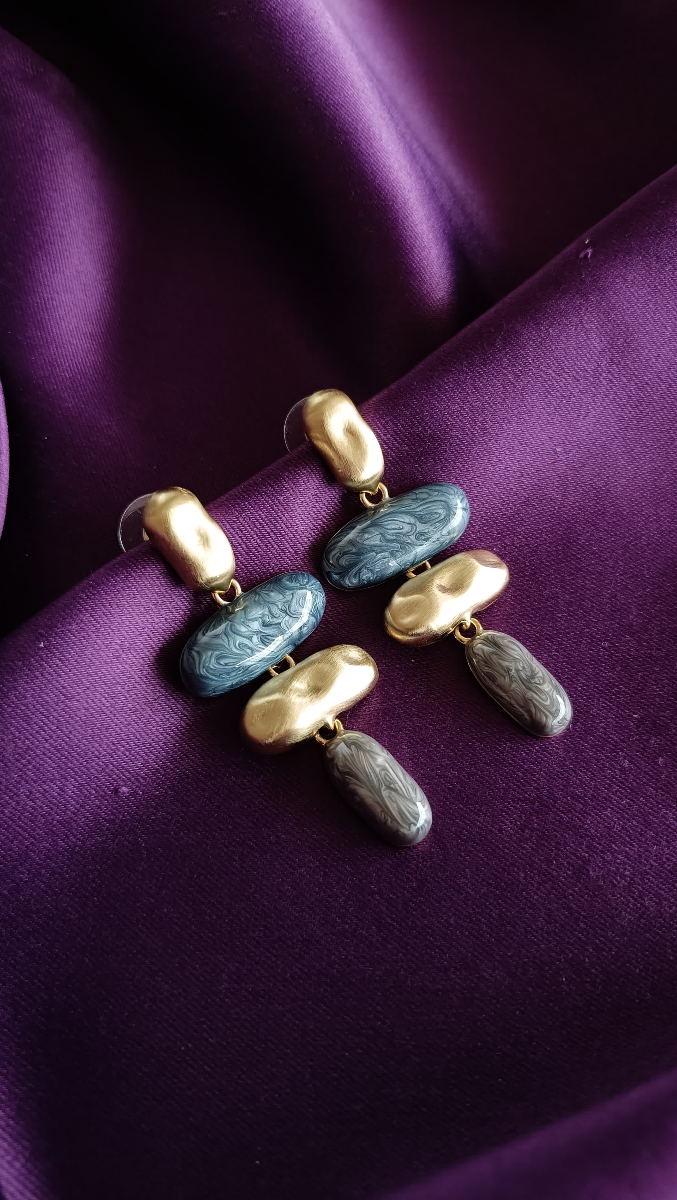 Blue Marbled Resin & Gold Pebble Drop Earrings