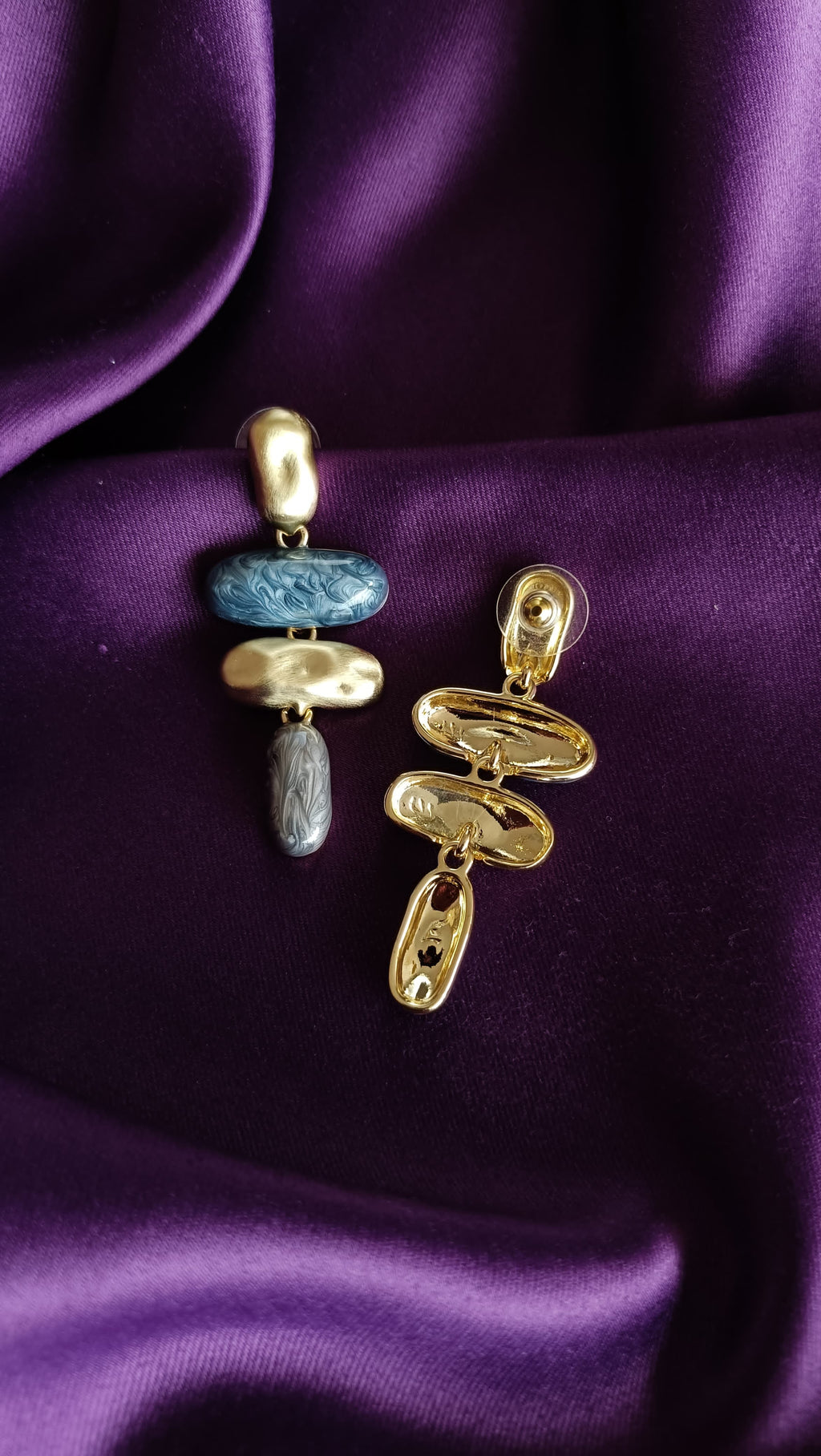 Blue Marbled Resin & Gold Pebble Drop Earrings