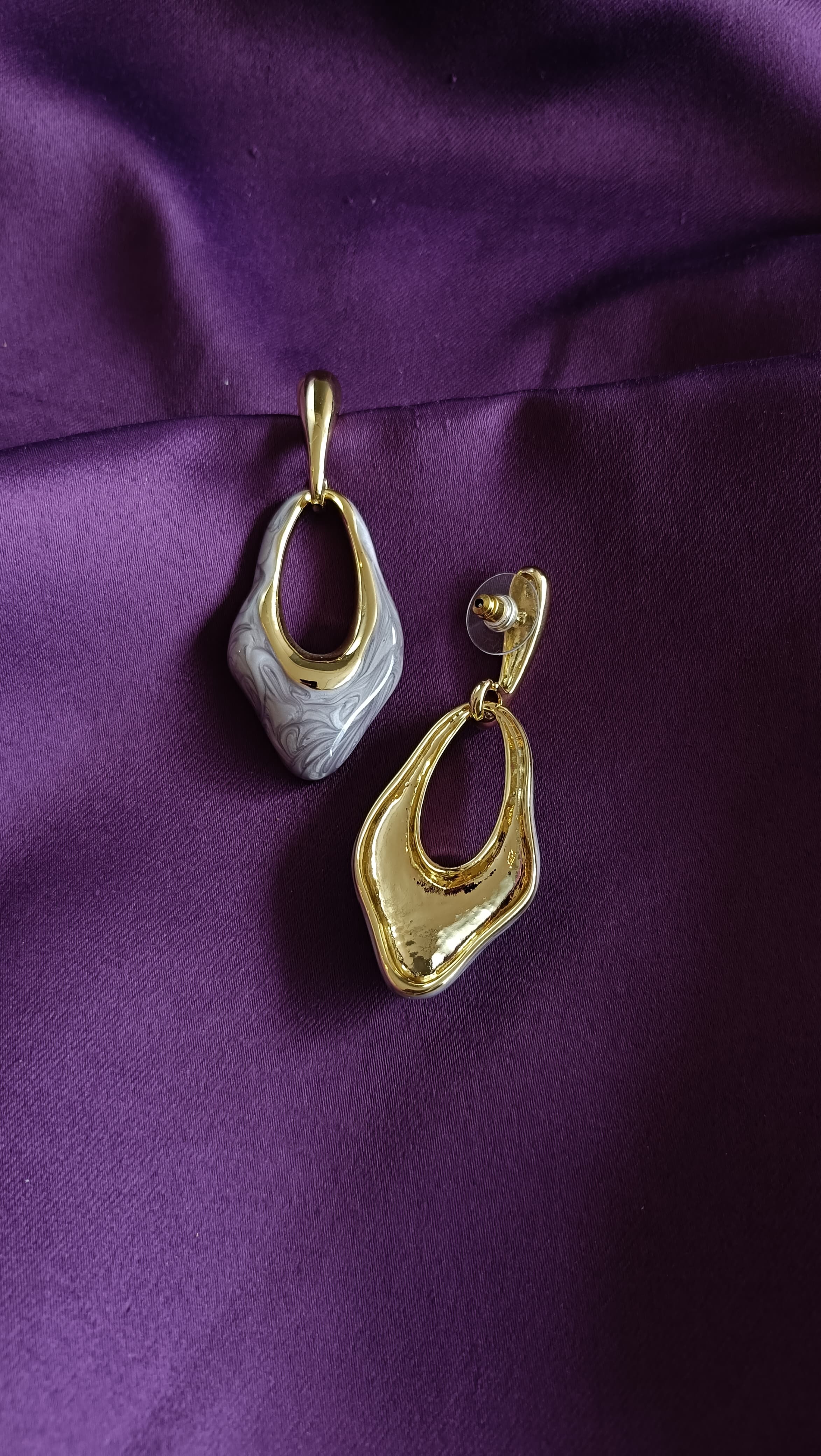 Grey Marbled Resin Open Teardrop Drop Earrings
