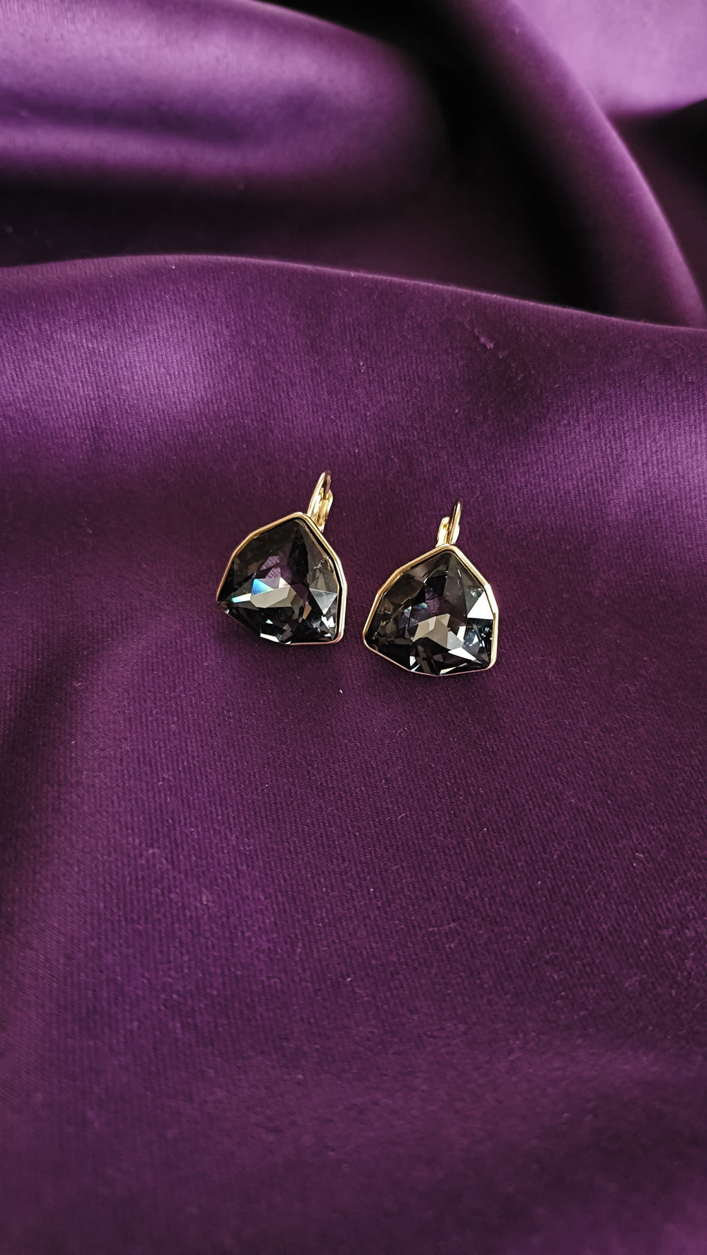 Smoky Black Trillion Crystal Lever-Back Drop Earrings