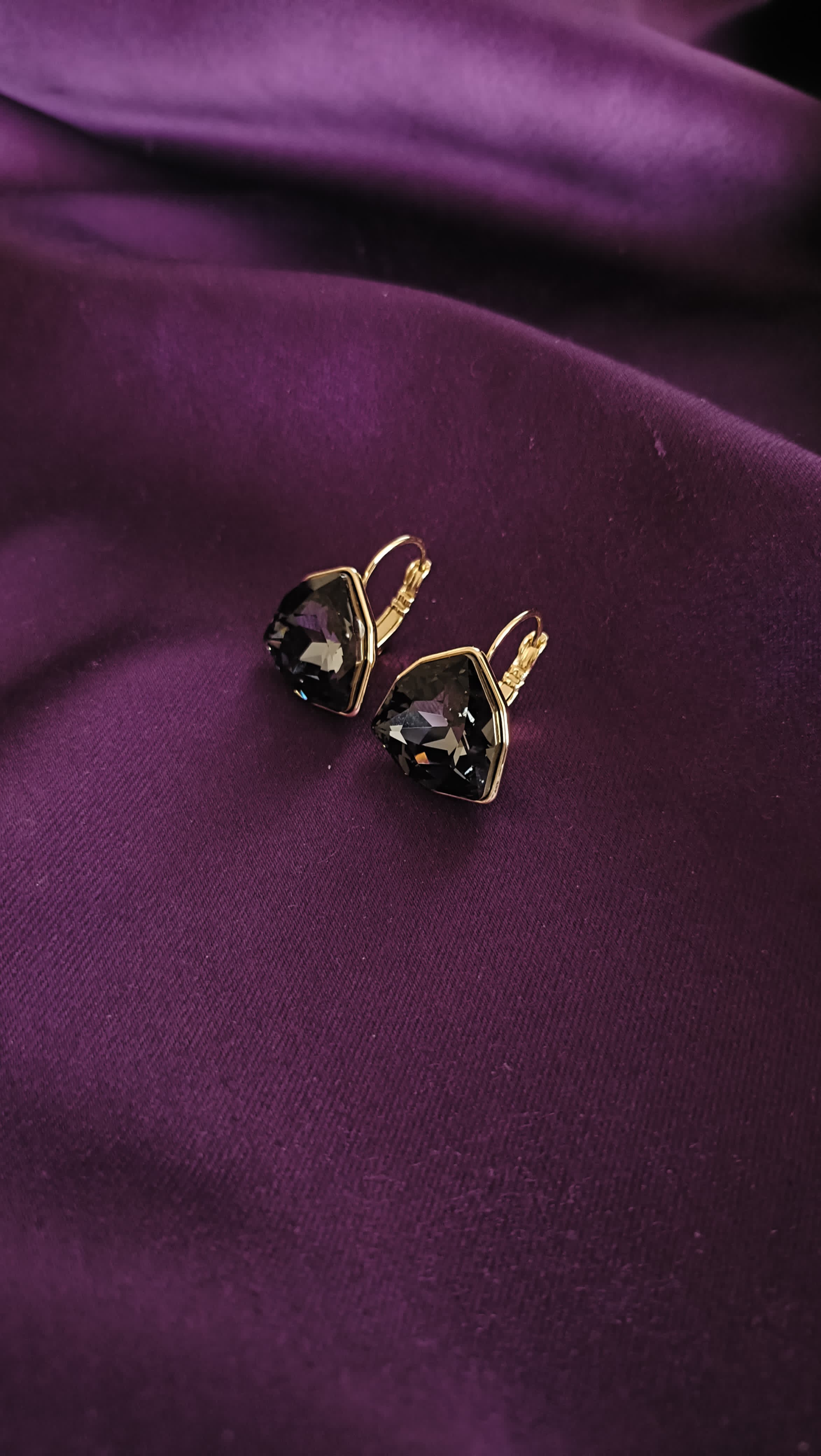 Smoky Black Trillion Crystal Lever-Back Drop Earrings