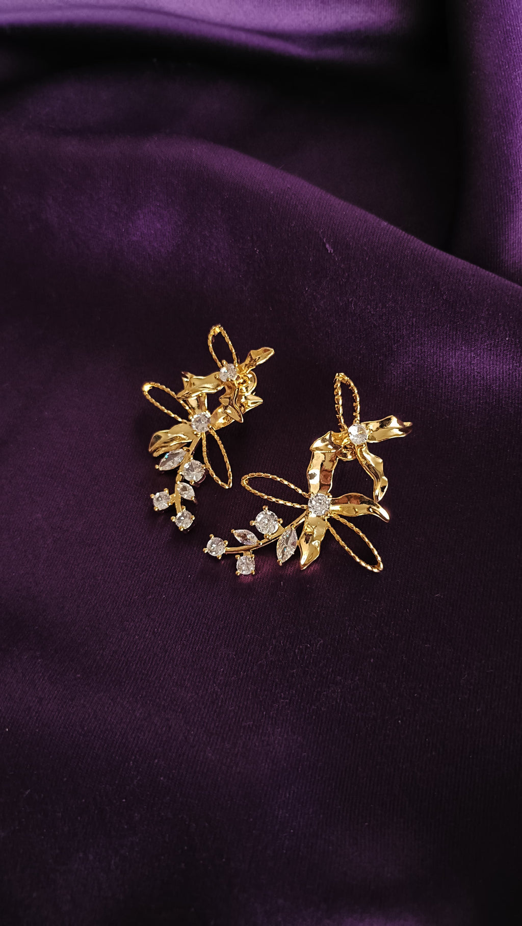 Gold Botanical Dragonfly Crystal Drop Earrings