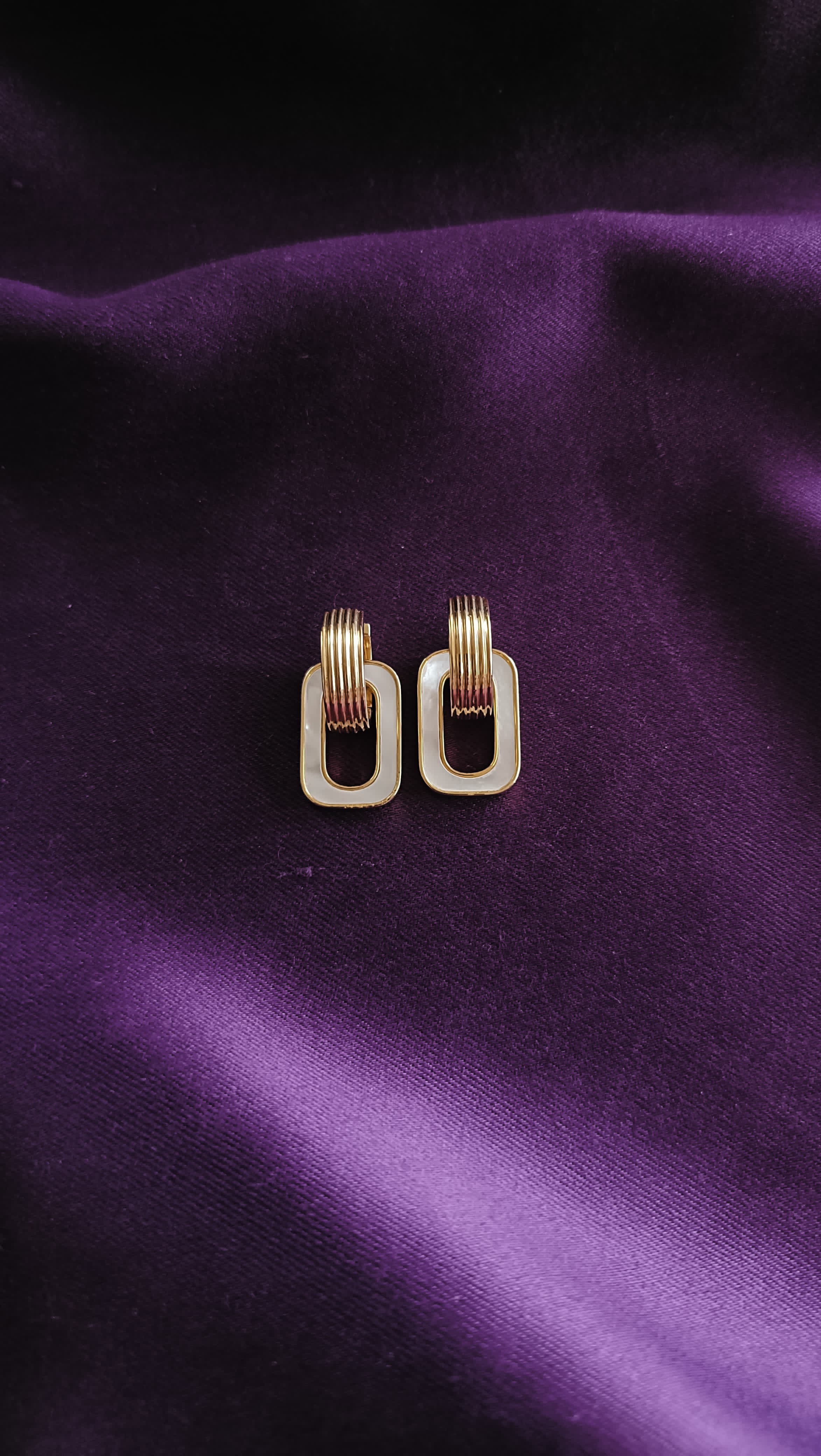 White Enamel Open Rectangle Huggie Drop Earrings