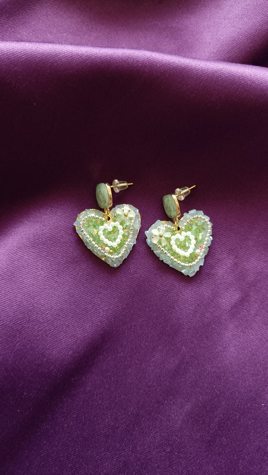 Mint Green Beaded Heart Drop Earrings