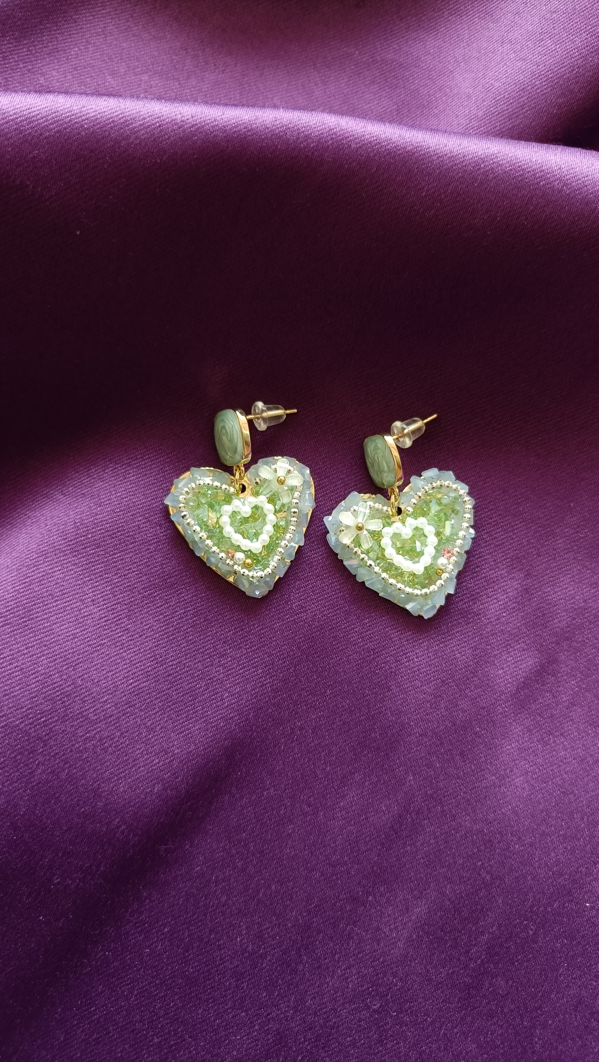 Mint Green Beaded Heart Drop Earrings