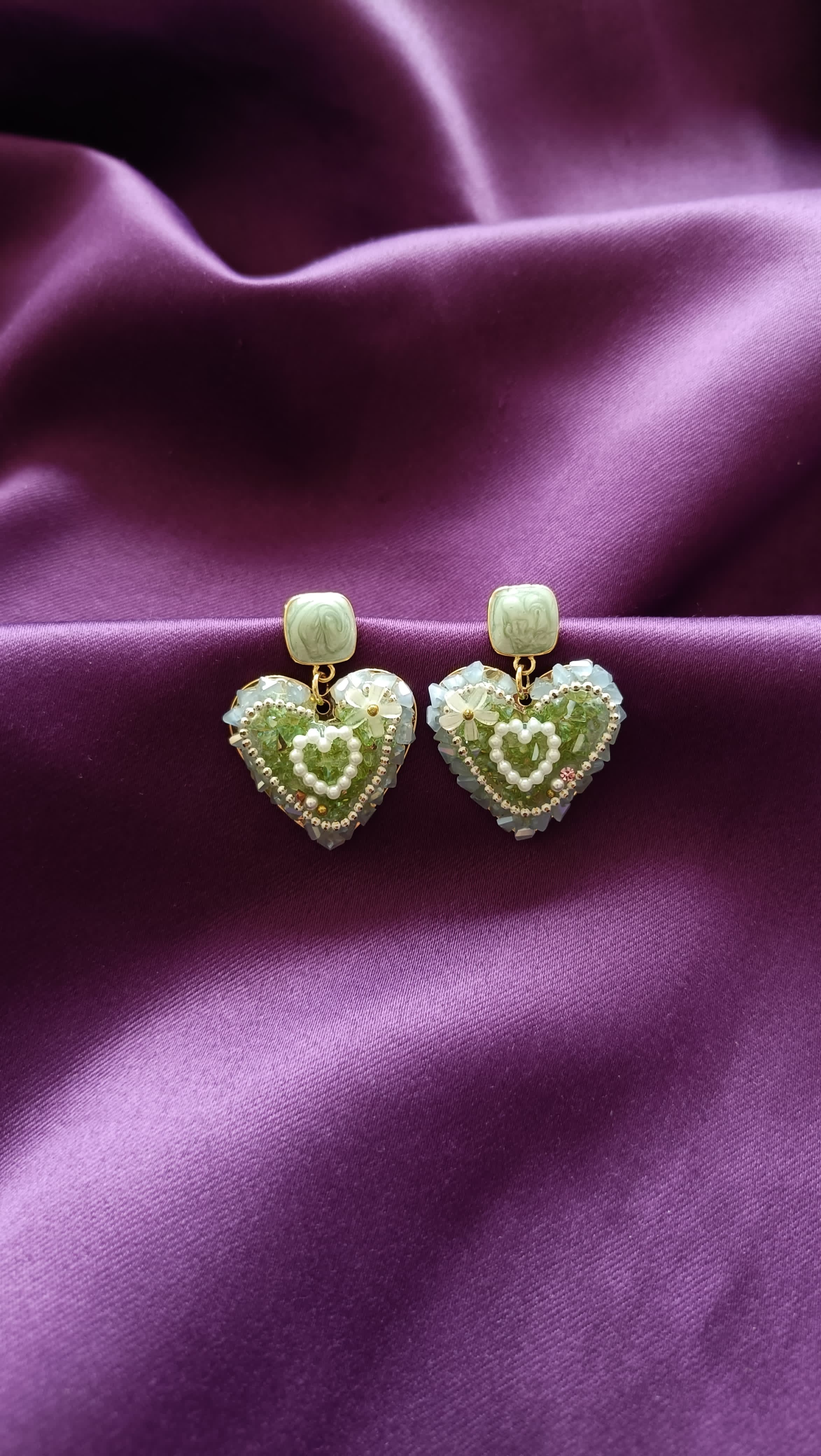 Mint Green Beaded Heart Drop Earrings