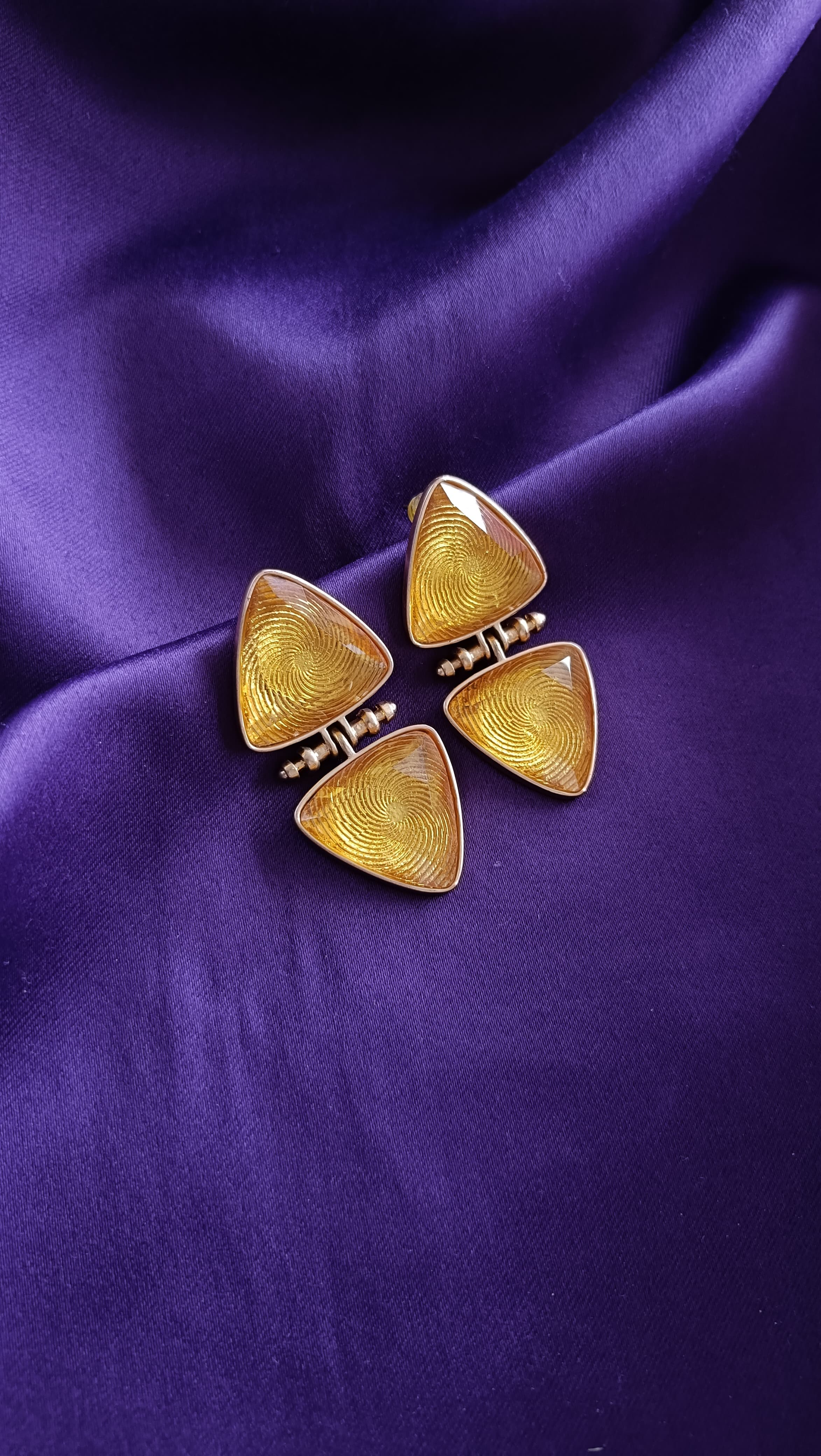 Double Triangle Swirl Enamel Gold Drop Earrings