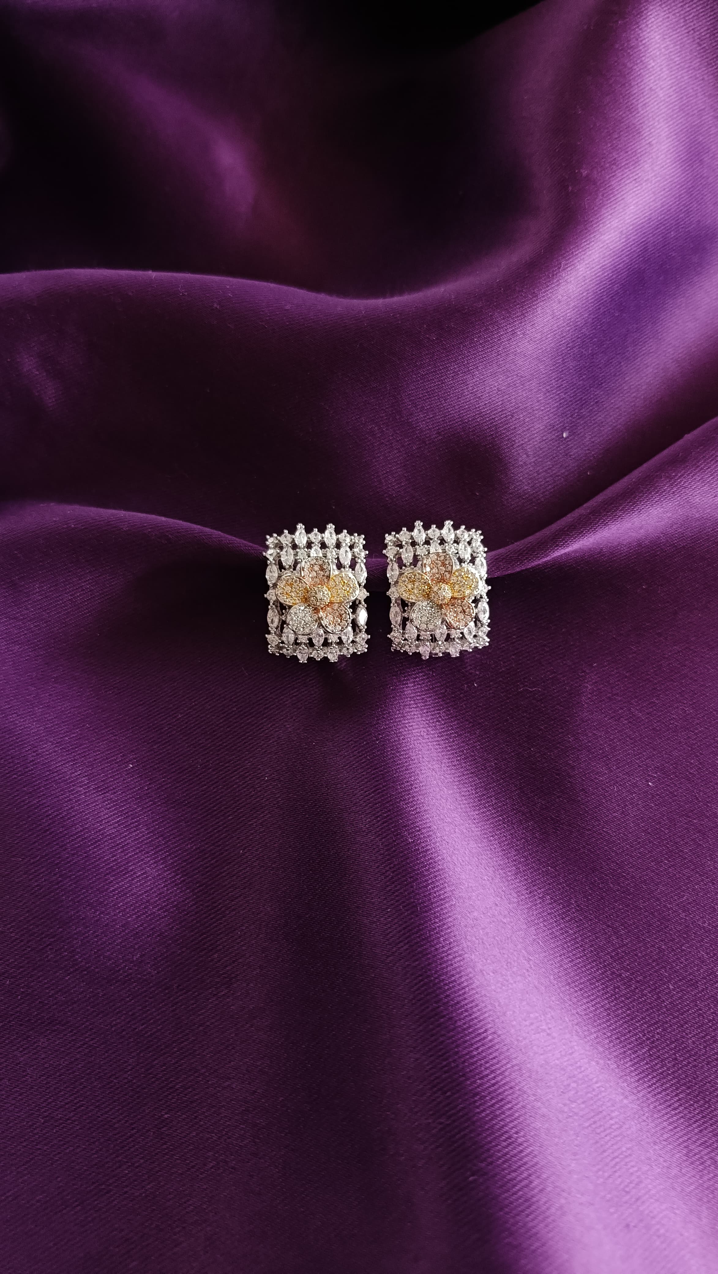 Gold Floral Pavé Rectangle Stud Earrings