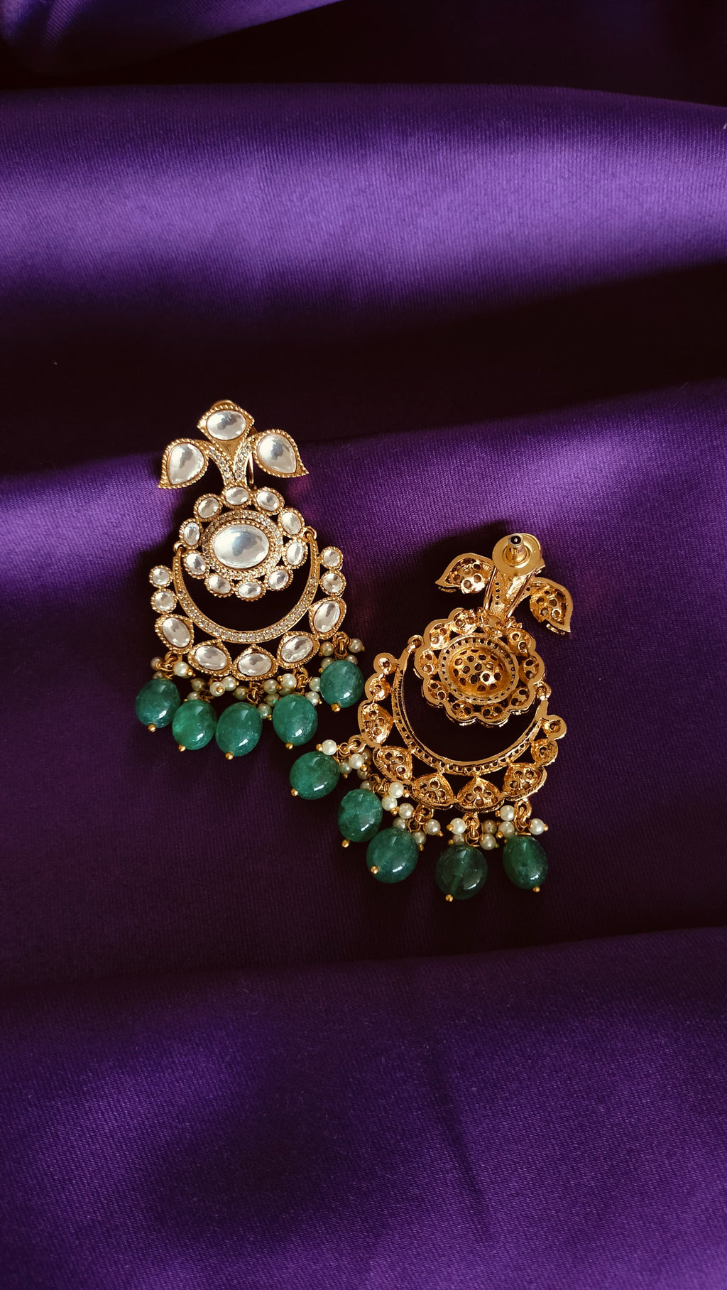 Gold Kundan Polki Chandbali Earrings front and back detail flat lay on purple fabric