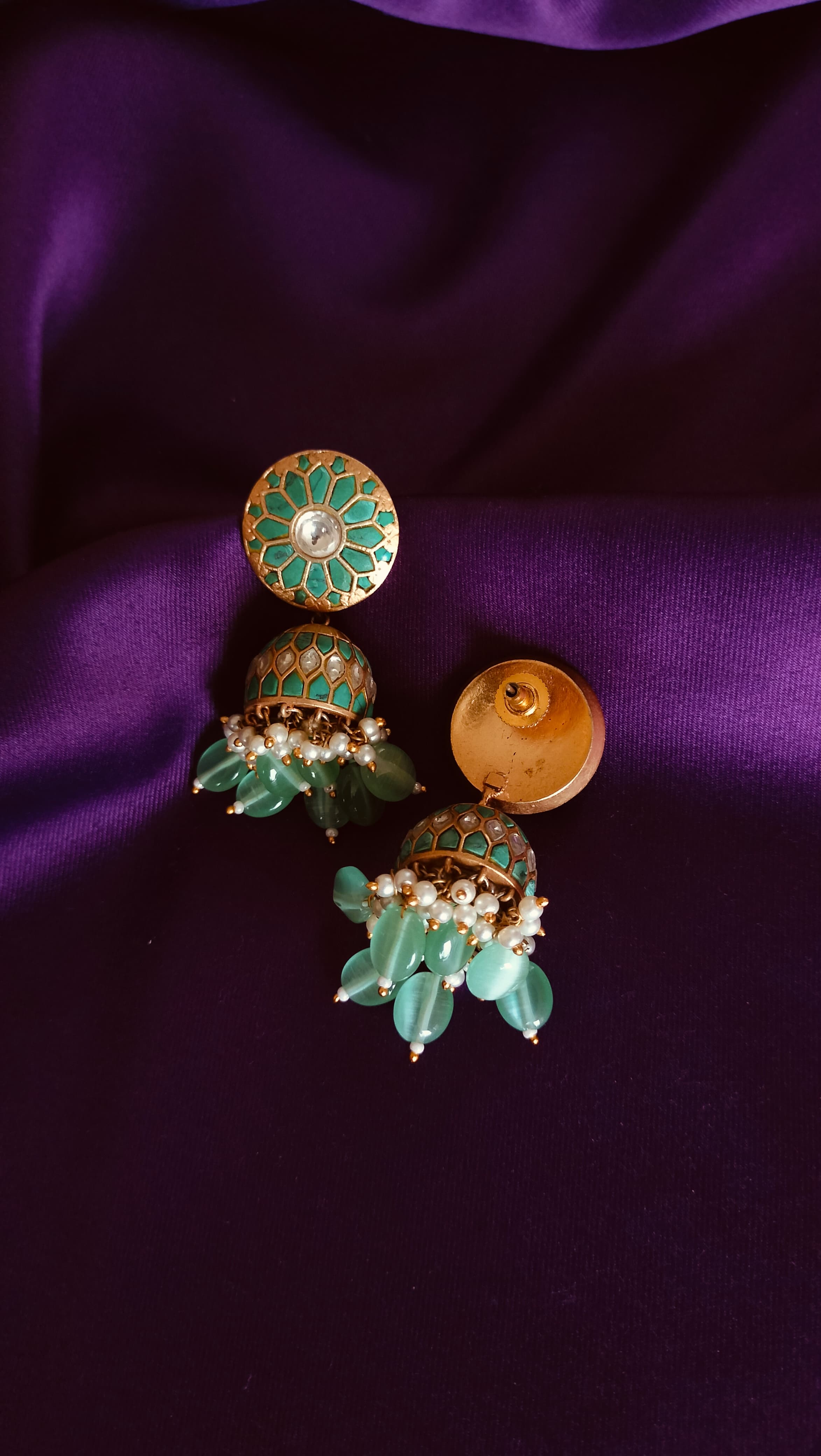 Teal Meenakari Kundan Jhumka Earrings